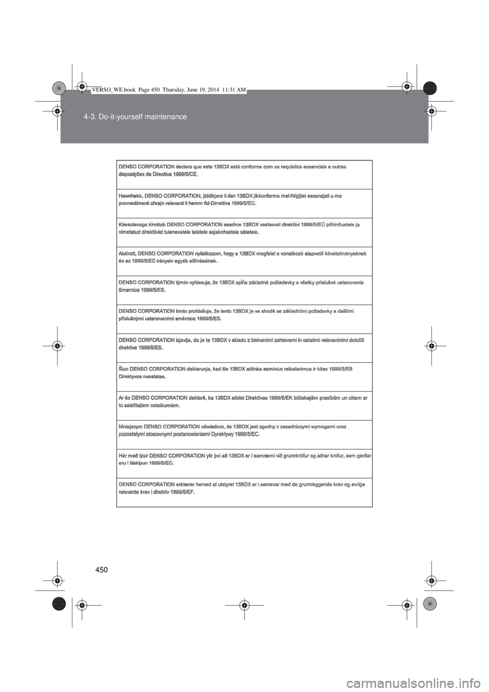 TOYOTA VERSO 2015 Owners Manual 450 4-3. Do-it-yourself maintenance
VERSO_WE.book Page 450 Thursday, June 19, 2014 11:31 AM TOYOTA VERSO 2015 Owners Manual 450 4-3. Do-it-yourself maintenance
VERSO_WE.book Page 450 Thursday, June 19, 2014 11:31 AM