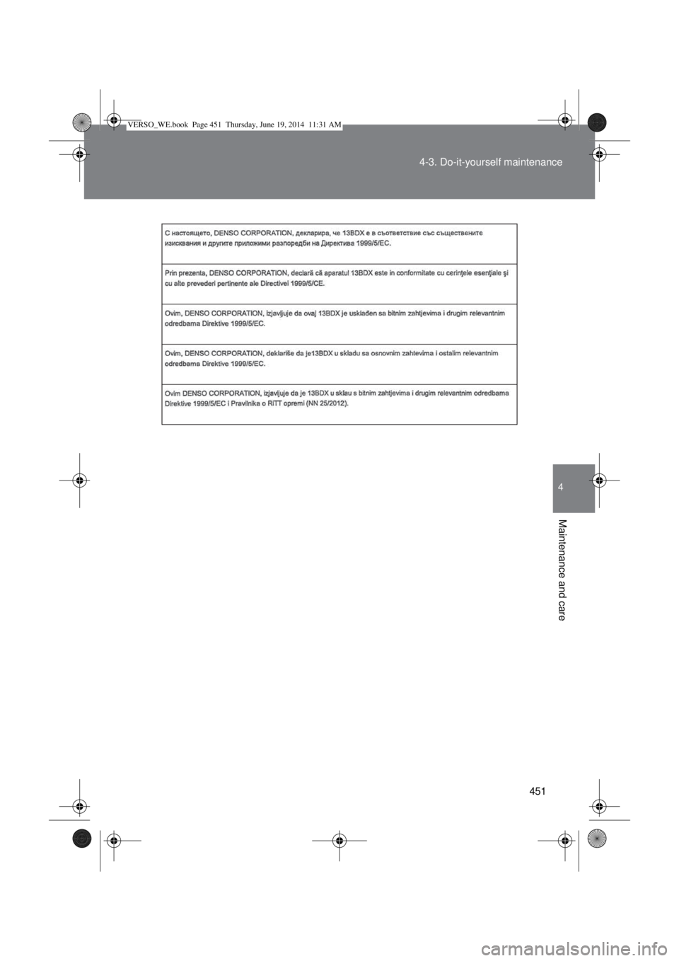 TOYOTA VERSO 2015 Owners Manual 451 4-3. Do-it-yourself maintenance
4
Maintenance and care
VERSO_WE.book Page 451 Thursday, June 19, 2014 11:31 AM TOYOTA VERSO 2015 Owners Manual 451 4-3. Do-it-yourself maintenance
4
Maintenance and care
VERSO_WE.book Page 451 Thursday, June 19, 2014 11:31 AM