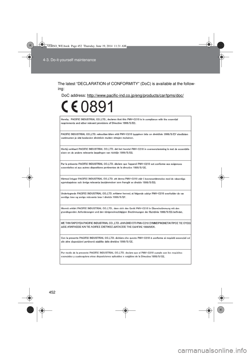 TOYOTA VERSO 2015 Owners Manual 452 4-3. Do-it-yourself maintenance
The latest “DECLARATION of CONFORMITY” (DoC) is available at the follow-
ing:
DoC address:
http://www.pacific-ind.co.jp/eng/products/car/tpms/doc/
VERSO_WE.boo TOYOTA VERSO 2015 Owners Manual 452 4-3. Do-it-yourself maintenance
The latest “DECLARATION of CONFORMITY” (DoC) is available at the follow-
ing:
DoC address:
http://www.pacific-ind.co.jp/eng/products/car/tpms/doc/
VERSO_WE.boo
