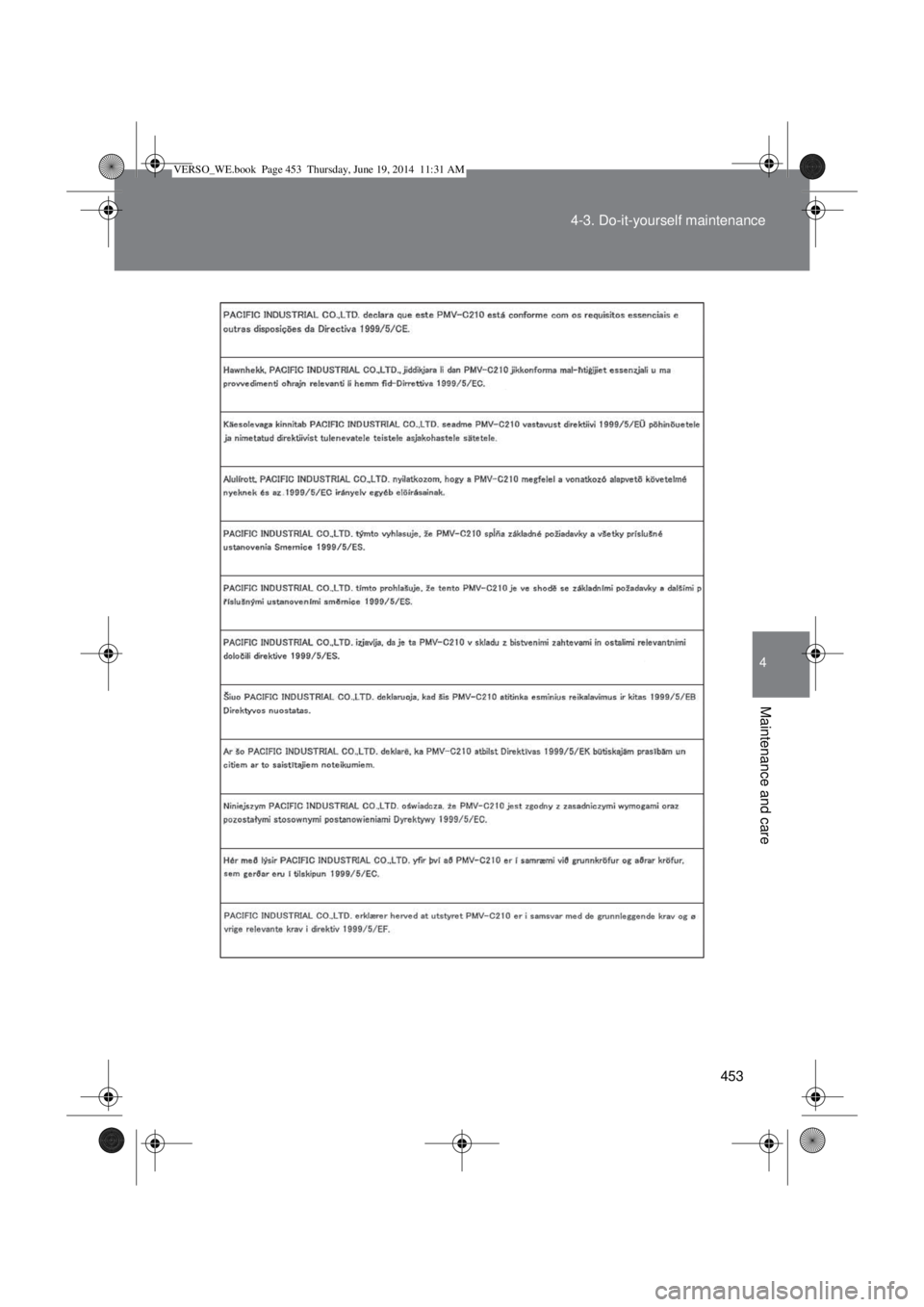 TOYOTA VERSO 2015 Owners Manual 453 4-3. Do-it-yourself maintenance
4
Maintenance and care
VERSO_WE.book Page 453 Thursday, June 19, 2014 11:31 AM TOYOTA VERSO 2015 Owners Manual 453 4-3. Do-it-yourself maintenance
4
Maintenance and care
VERSO_WE.book Page 453 Thursday, June 19, 2014 11:31 AM