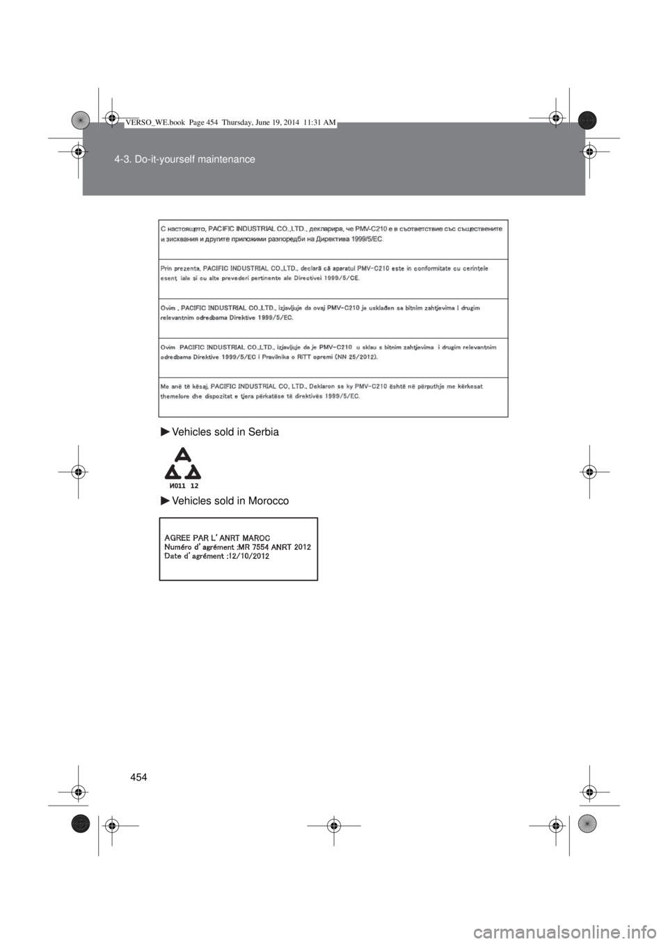 TOYOTA VERSO 2015 Owners Manual 454 4-3. Do-it-yourself maintenance
Vehicles sold in Serbia
Vehicles sold in Morocco
VERSO_WE.book Page 454 Thursday, June 19, 2014 11:31 AM TOYOTA VERSO 2015 Owners Manual 454 4-3. Do-it-yourself maintenance
Vehicles sold in Serbia
Vehicles sold in Morocco
VERSO_WE.book Page 454 Thursday, June 19, 2014 11:31 AM
