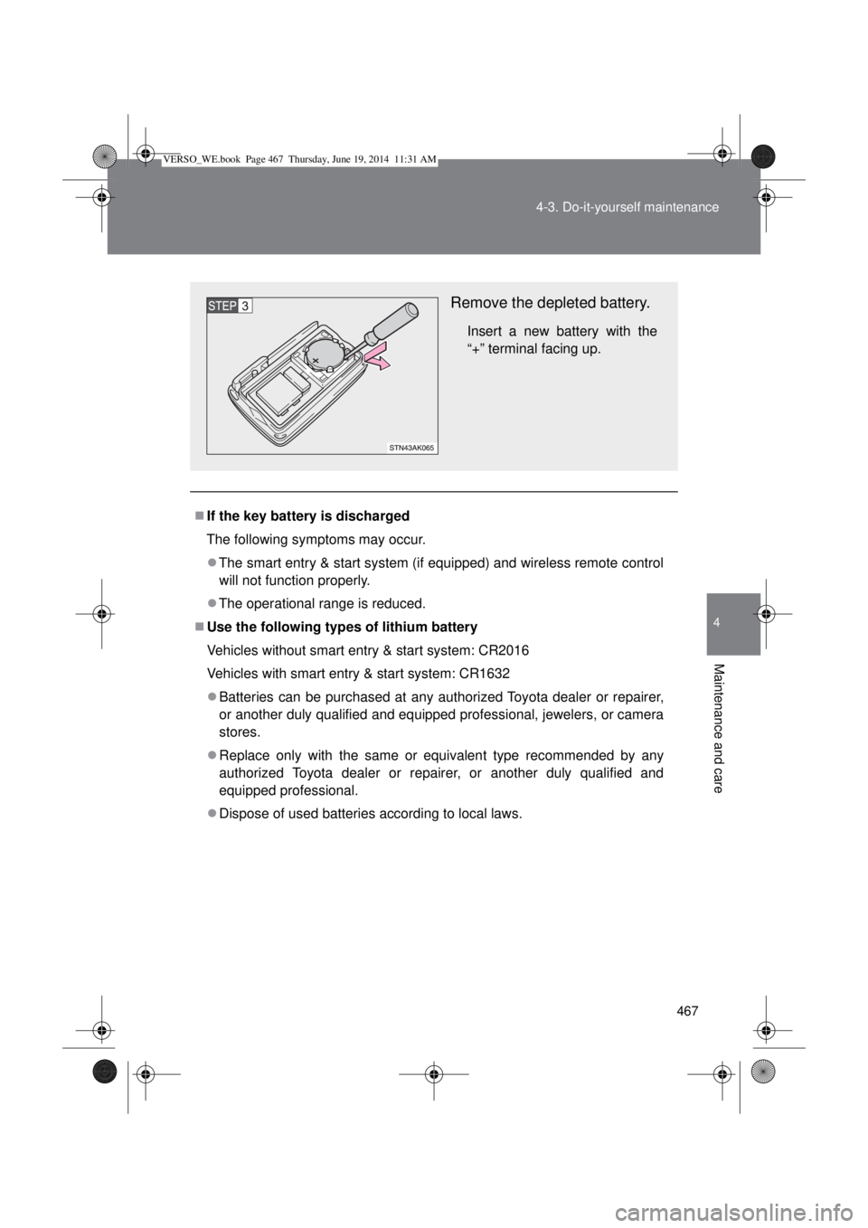 TOYOTA VERSO 2015  Owners Manual 467 4-3. Do-it-yourself maintenance
4
Maintenance and care
If the key battery is discharged
The following symptoms may occur.
The smart entry & start system (if equipped) and wireless remote con