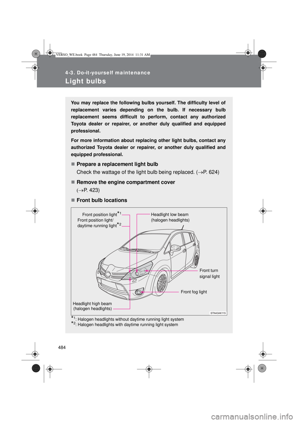 TOYOTA VERSO 2015  Owners Manual 484
4-3. Do-it-yourself maintenance
Light bulbs
You may replace the following bulbs yourself. The difficulty level of
replacement varies depending on the bulb. If necessary bulb
replacement seems diff