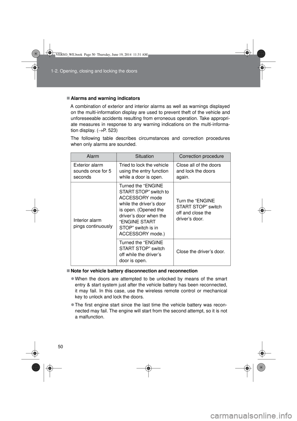 TOYOTA VERSO 2015  Owners Manual 50 1-2. Opening, closing and locking the doors
Alarms and warning indicators
A combination of exterior and interior alarms as well as warnings displayed
on the multi-information display are used to