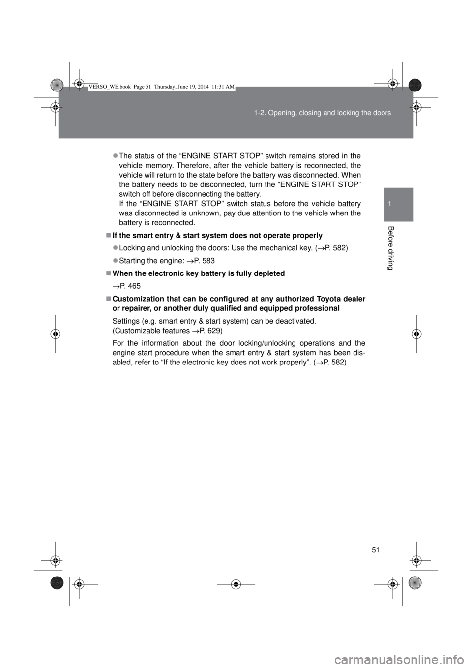 TOYOTA VERSO 2015 Workshop Manual 51 1-2. Opening, closing and locking the doors
1
Before driving
The status of the “ENGINE START STOP” switch remains stored in the
vehicle memory. Therefore, after the vehicle battery is reconn TOYOTA VERSO 2015 Workshop Manual 51 1-2. Opening, closing and locking the doors
1
Before driving
The status of the “ENGINE START STOP” switch remains stored in the
vehicle memory. Therefore, after the vehicle battery is reconn