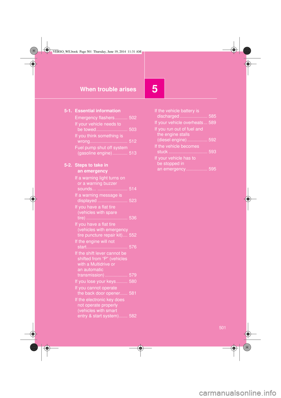 TOYOTA VERSO 2015 Owners Manual 5When trouble arises
501
5-1. Essential information
Emergency flashers .......... 502
If your vehicle needs to
be towed ......................... 503
If you think something is
wrong .............. TOYOTA VERSO 2015 Owners Manual 5When trouble arises
501
5-1. Essential information
Emergency flashers .......... 502
If your vehicle needs to
be towed ......................... 503
If you think something is
wrong ..............