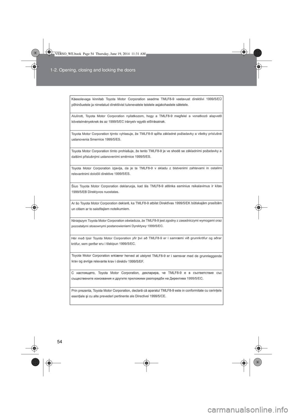 TOYOTA VERSO 2015 Workshop Manual 54 1-2. Opening, closing and locking the doors
VERSO_WE.book  Page 54  Thursday, June 19, 2014  11:31 AM 