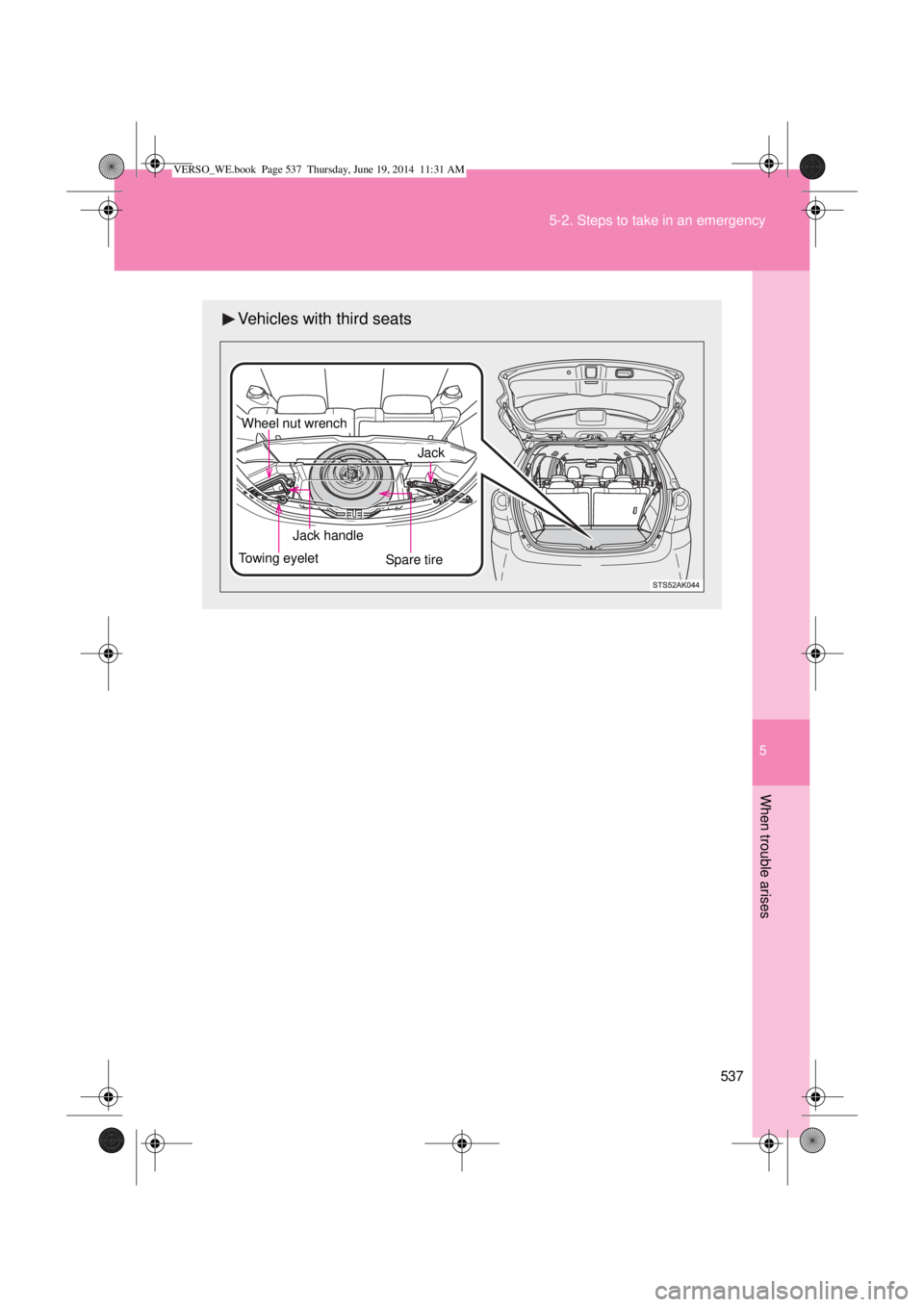 TOYOTA VERSO 2015  Owners Manual 5
537 5-2. Steps to take in an emergency
When trouble arises
Vehicles with third seats
Spare tire
 Jack handle
Jack
 Wheel nut wrench
Towing eyelet
VERSO_WE.book  Page 537  Thursday, June 19, 2014  11
