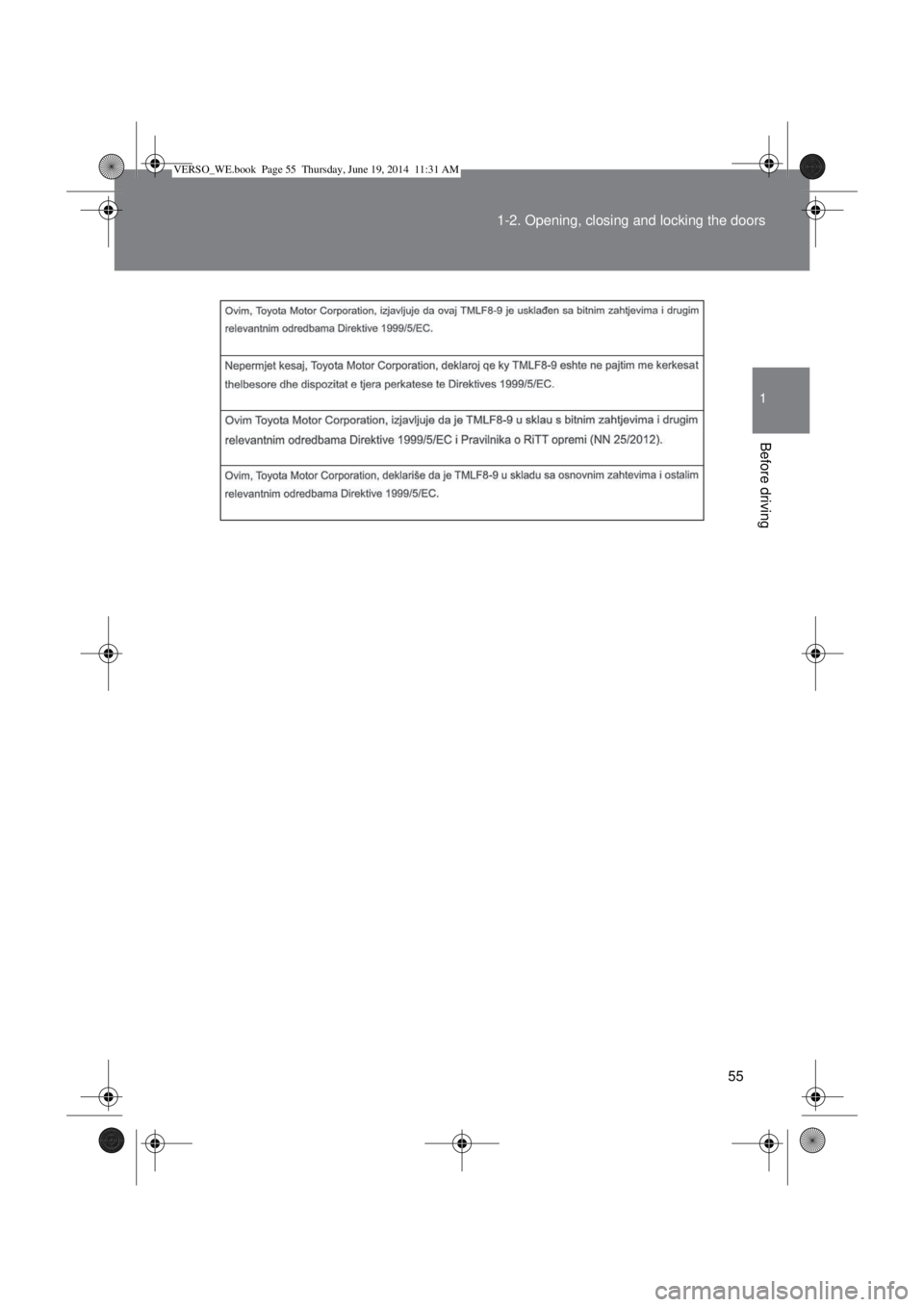 TOYOTA VERSO 2015 Workshop Manual 55 1-2. Opening, closing and locking the doors
1
Before driving
VERSO_WE.book  Page 55  Thursday, June 19, 2014  11:31 AM 
