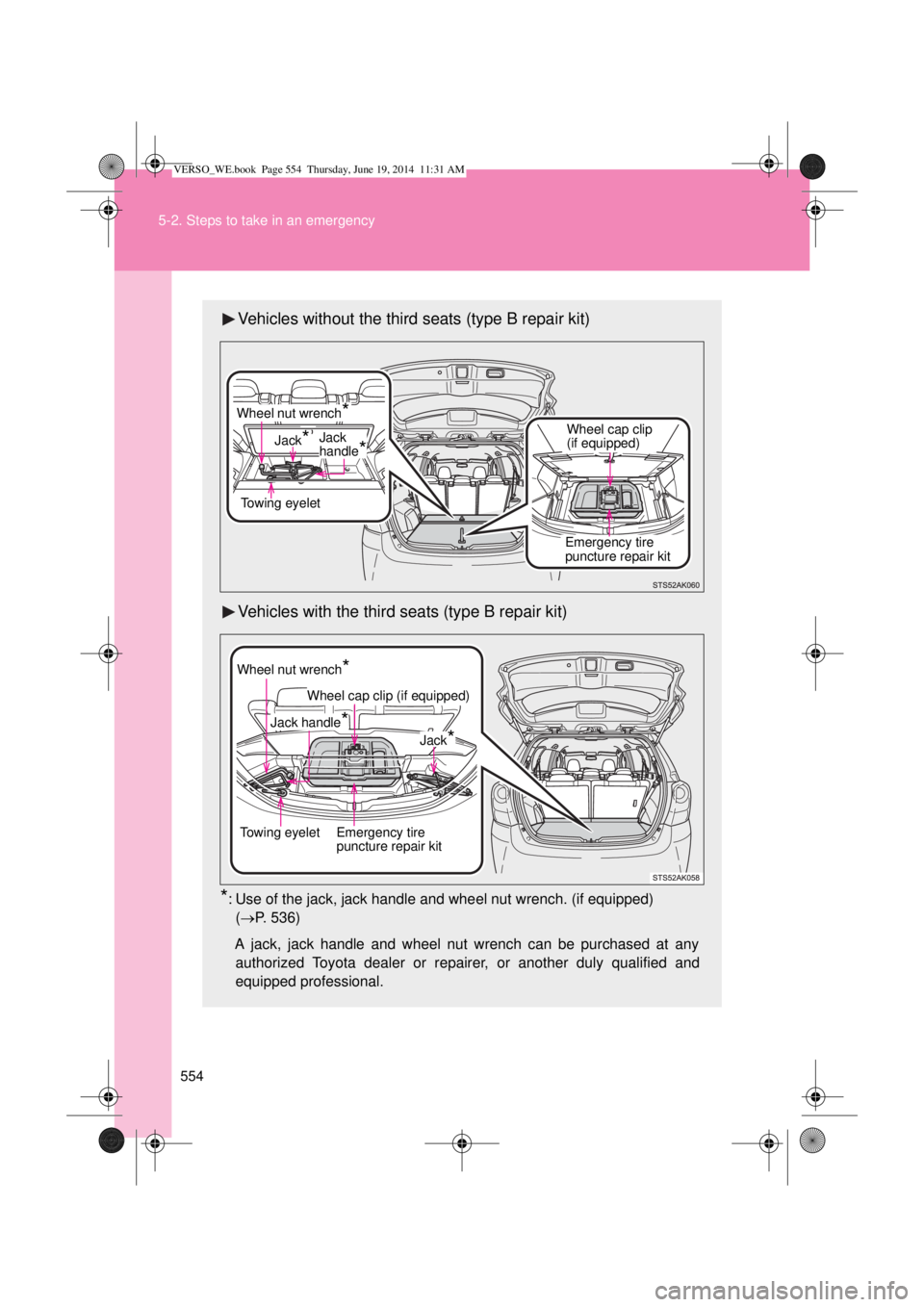 TOYOTA VERSO 2015  Owners Manual 554 5-2. Steps to take in an emergency
Vehicles without the third seats (type B repair kit)
Vehicles with the third seats (type B repair kit)
*: Use of the jack, jack handle and wheel nut wrench. (if 