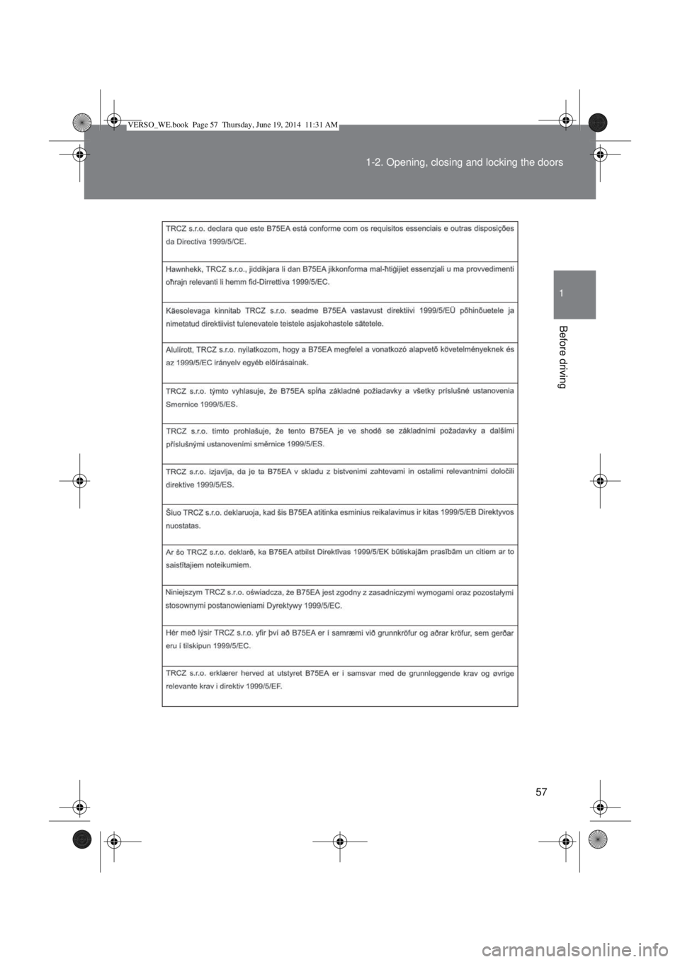 TOYOTA VERSO 2015 Workshop Manual 57 1-2. Opening, closing and locking the doors
1
Before driving
VERSO_WE.book  Page 57  Thursday, June 19, 2014  11:31 AM 