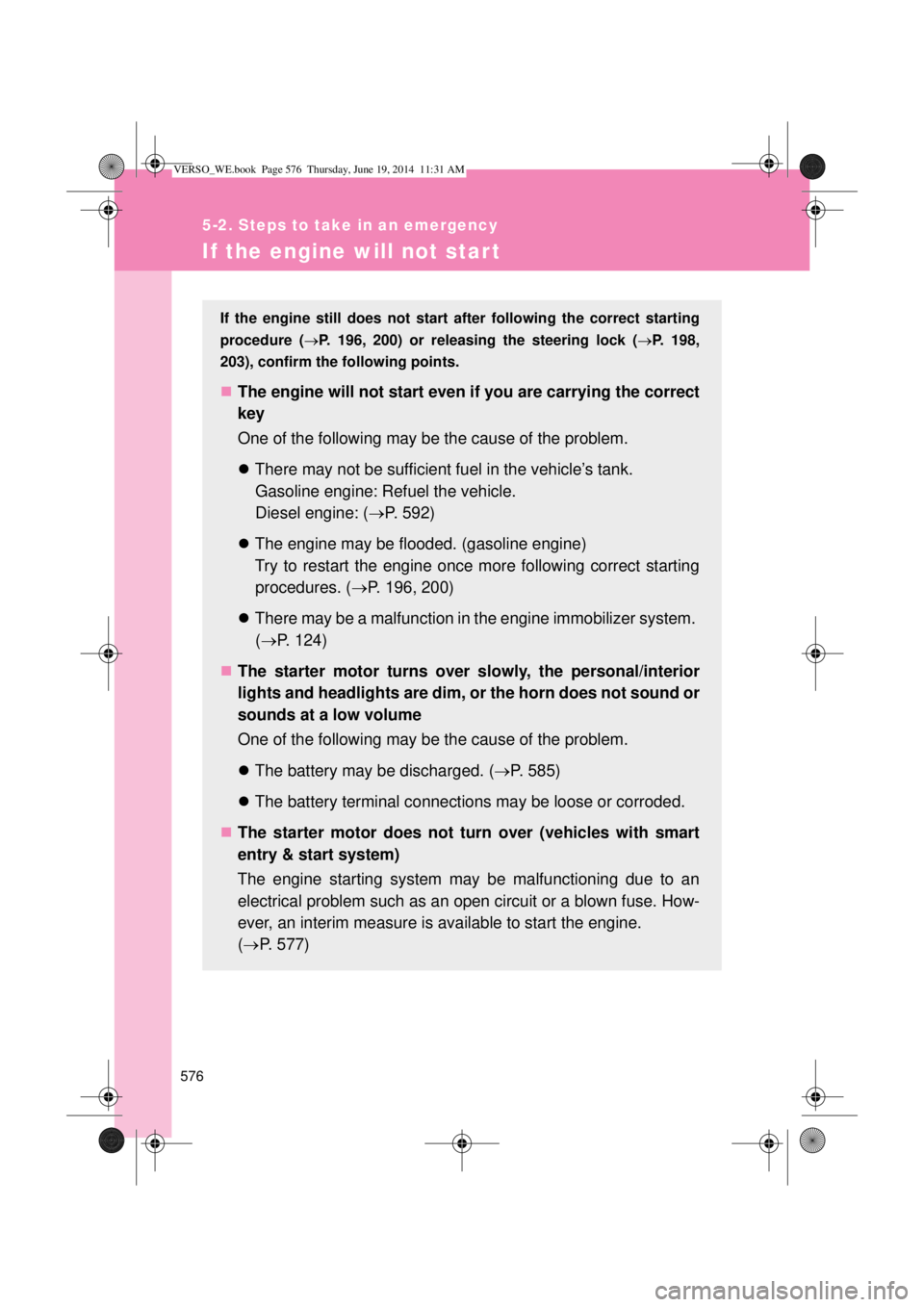 TOYOTA VERSO 2015 Owners Manual 576
5-2. Steps to take in an emergency
If the engine will not start
If the engine still does not start after following the correct starting
procedure (P. 196, 200) or releasing the steering lock ( TOYOTA VERSO 2015 Owners Manual 576
5-2. Steps to take in an emergency
If the engine will not start
If the engine still does not start after following the correct starting
procedure (P. 196, 200) or releasing the steering lock (