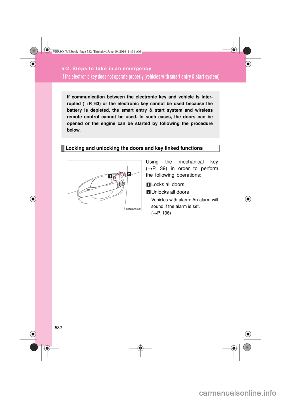 TOYOTA VERSO 2015 Owners Manual 582
5-2. Steps to take in an emergency
If the electronic key does not operate properly (vehicles with smar t entr y & star t system)
Locking and unlocking the doors and key linked functions
Using the TOYOTA VERSO 2015 Owners Manual 582
5-2. Steps to take in an emergency
If the electronic key does not operate properly (vehicles with smar t entr y & star t system)
Locking and unlocking the doors and key linked functions
Using the