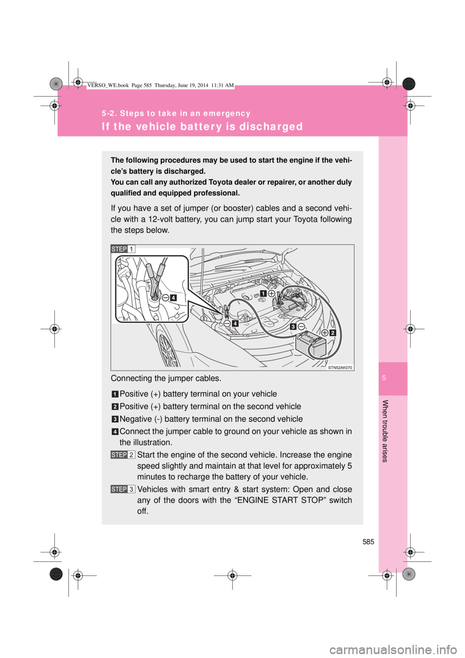 TOYOTA VERSO 2015 Owners Manual 5
585
5-2. Steps to take in an emergency
When trouble arises
If the vehicle batter y is discharged
The following procedures may be used to start the engine if the vehi-
cle’s battery is discharged.
TOYOTA VERSO 2015 Owners Manual 5
585
5-2. Steps to take in an emergency
When trouble arises
If the vehicle batter y is discharged
The following procedures may be used to start the engine if the vehi-
cle’s battery is discharged.