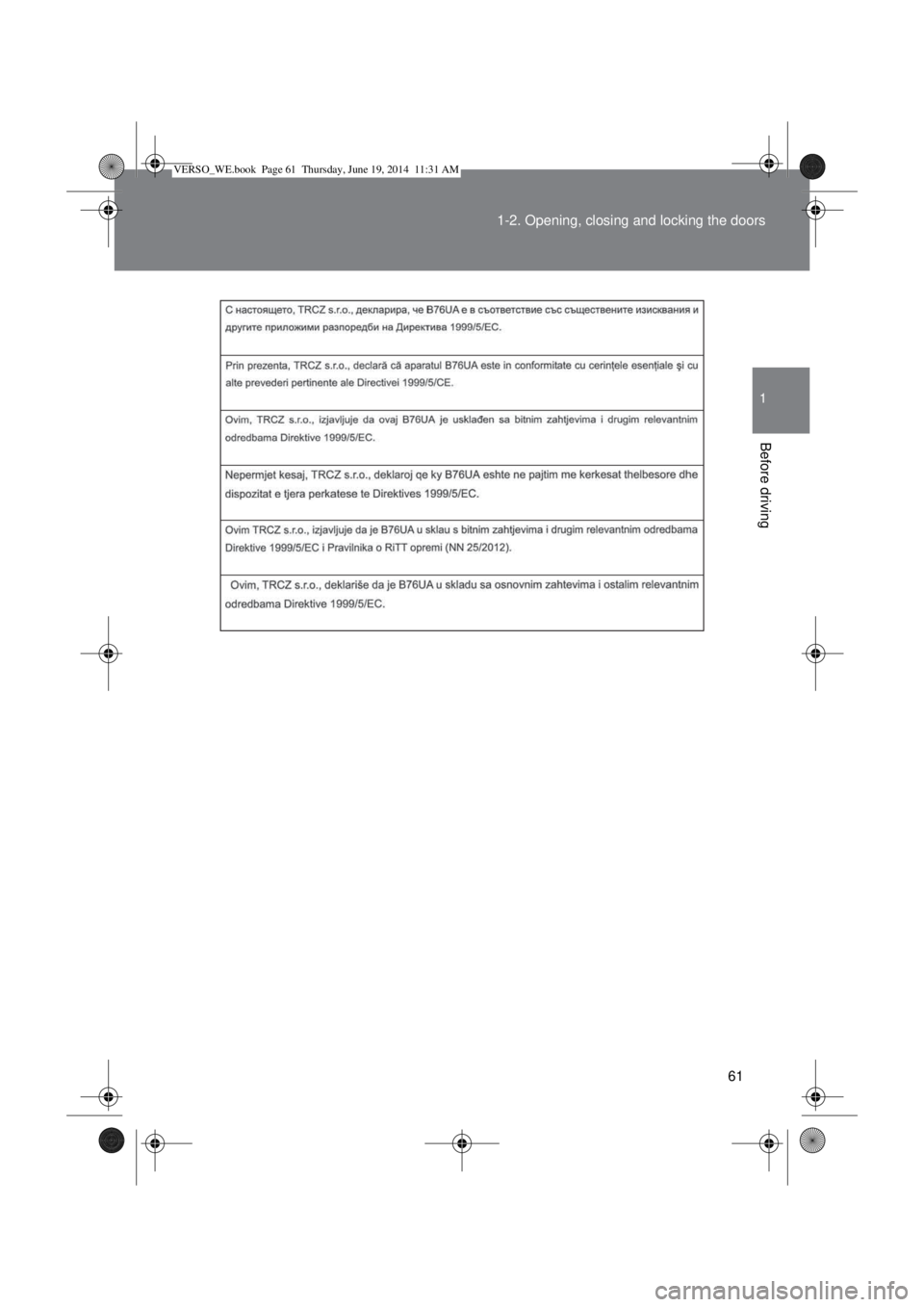 TOYOTA VERSO 2015 Repair Manual 61 1-2. Opening, closing and locking the doors
1
Before driving
VERSO_WE.book  Page 61  Thursday, June 19, 2014  11:31 AM 