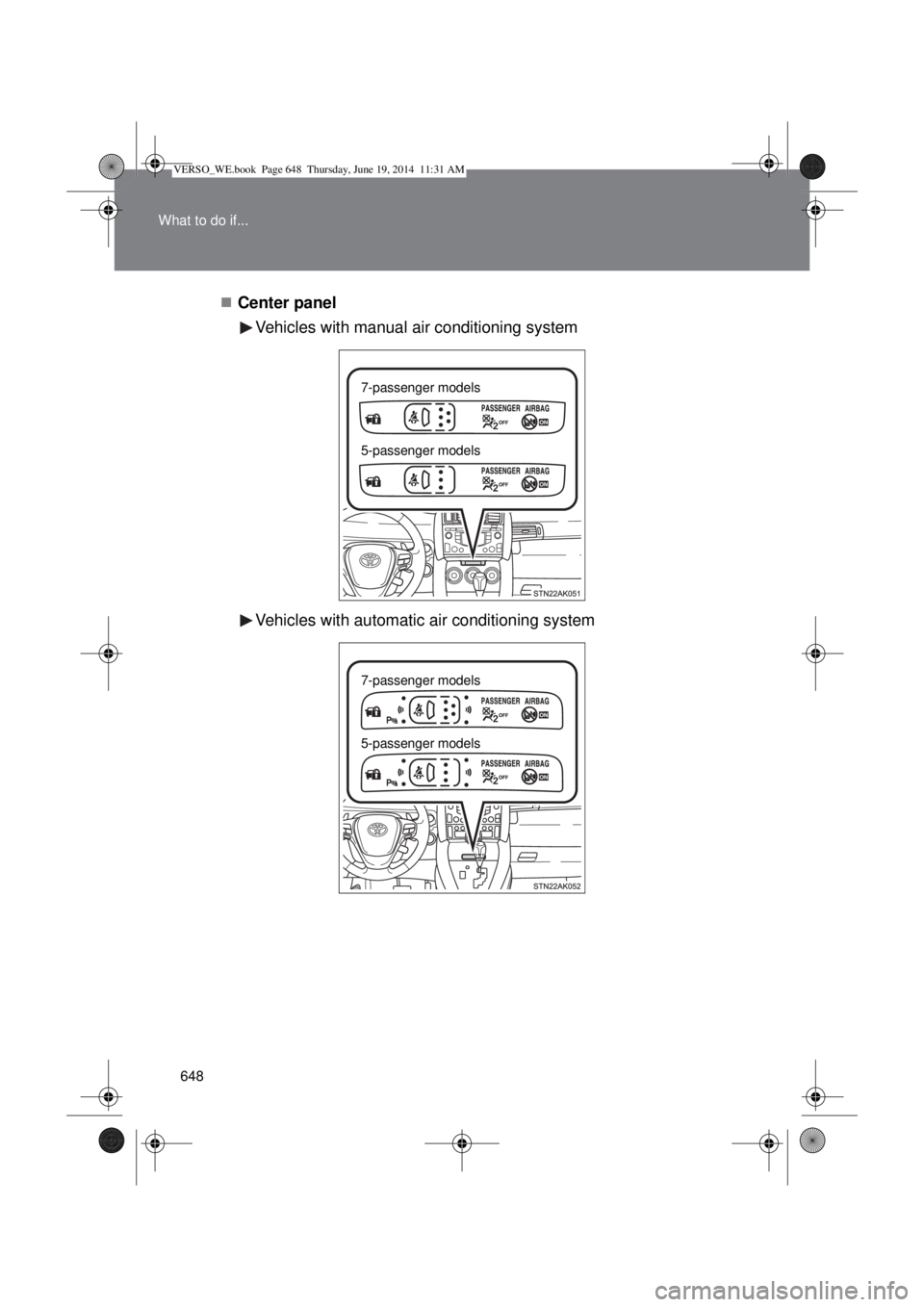 TOYOTA VERSO 2015  Owners Manual 648 What to do if...
Center panel
Vehicles with manual air conditioning system
Vehicles with automatic air conditioning system
7-passenger models
5-passenger models
7-passenger models
5-passenger m