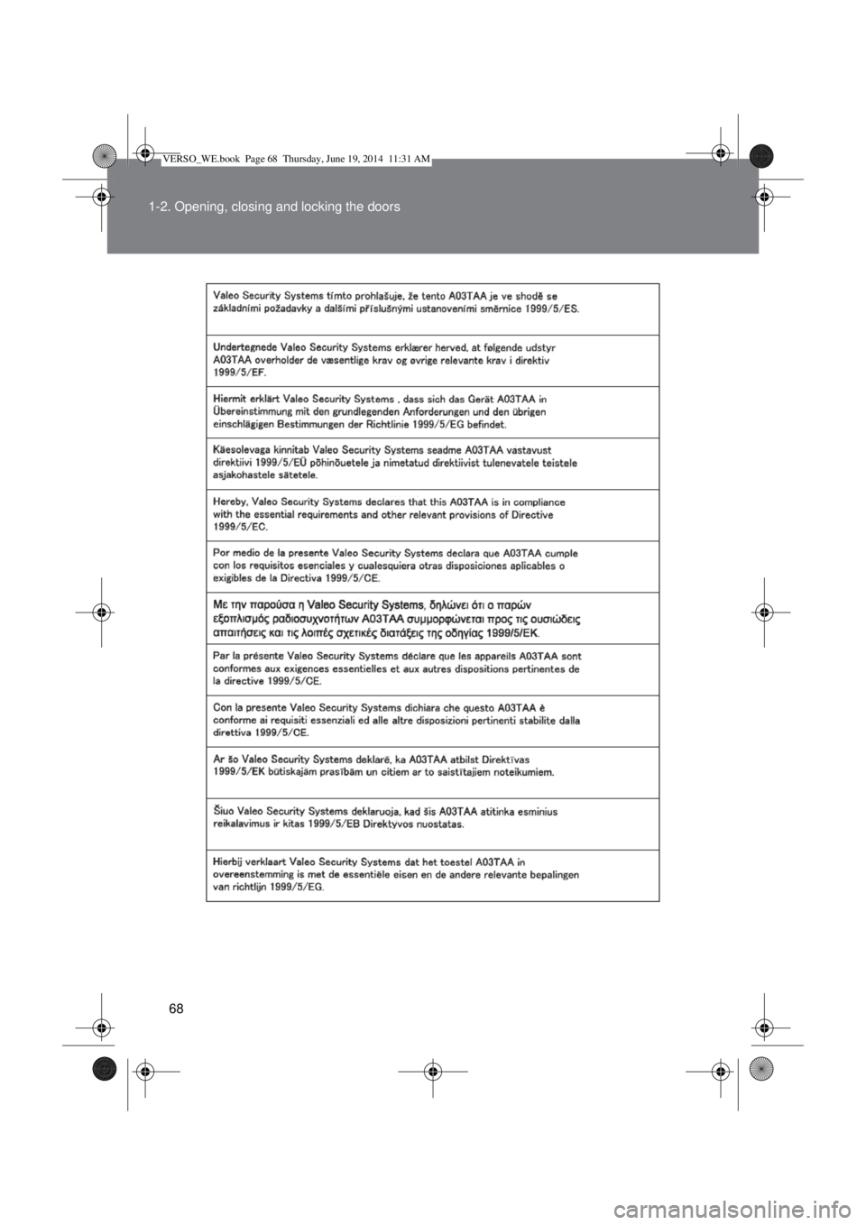 TOYOTA VERSO 2015 Repair Manual 68 1-2. Opening, closing and locking the doors
VERSO_WE.book  Page 68  Thursday, June 19, 2014  11:31 AM 