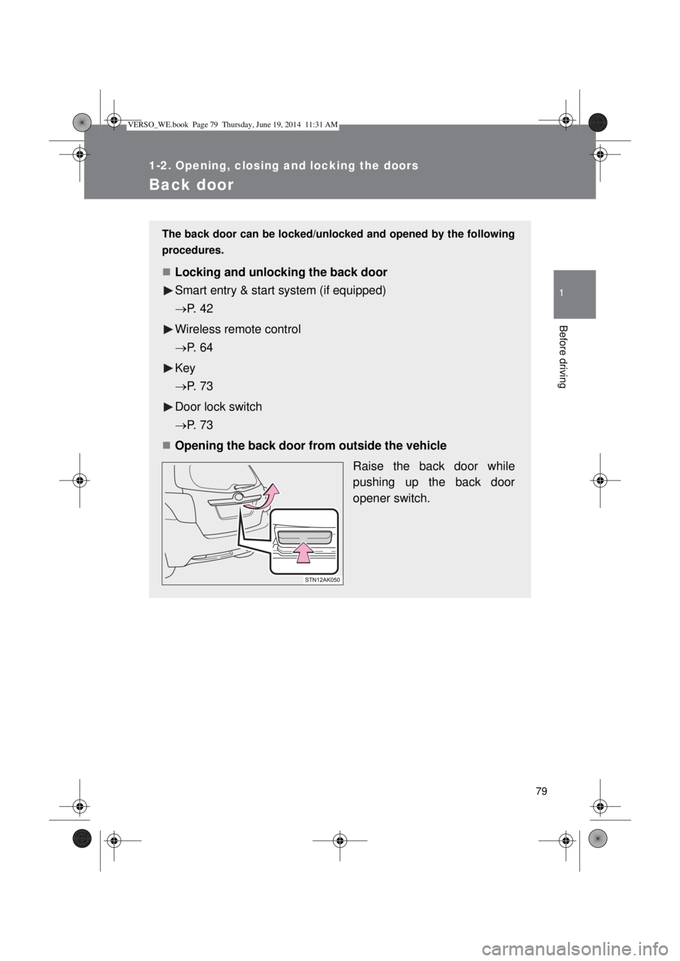 TOYOTA VERSO 2015 Manual PDF 79
1
1-2. Opening, closing and locking the doors
Before driving
Back door
The back door can be locked/unlocked and opened by the following
procedures.
Locking and unlocking the back door
Smart entr
