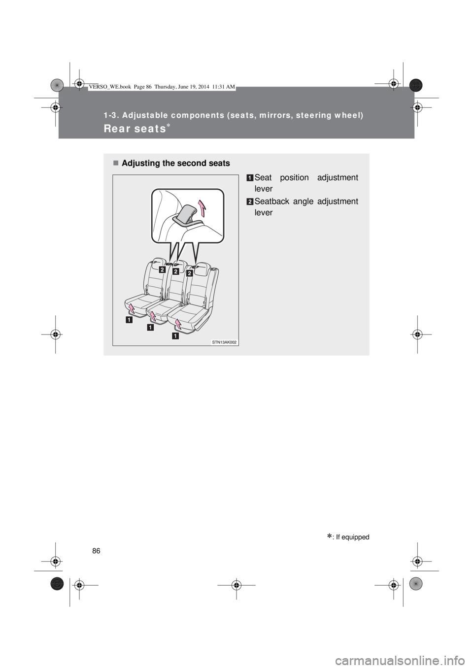 TOYOTA VERSO 2015  Owners Manual 86
1-3. Adjustable components (seats, mirrors, steering wheel)
Rear seats
: If equipped
Adjusting the second seats
Seat position adjustment
lever
Seatback angle adjustment
lever
VERSO_WE.book