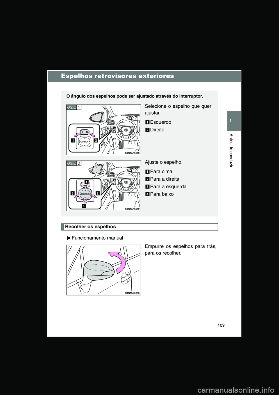 TOYOTA VERSO 2015 Manual de utilização (in Portuguese) 109
1
Antes de conduzir
Espelhos retrovisores exteriores
Recolher os espelhos
Funcionamento manual
Empurre os espelhos para trás,
para os recolher.
O ângulo dos espelhos pode ser ajustado através d TOYOTA VERSO 2015 Manual de utilização (in Portuguese) 109
1
Antes de conduzir
Espelhos retrovisores exteriores
Recolher os espelhos
Funcionamento manual
Empurre os espelhos para trás,
para os recolher.
O ângulo dos espelhos pode ser ajustado através d