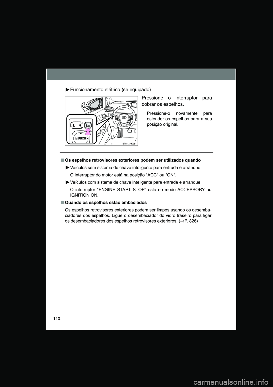 TOYOTA VERSO 2015 Manual de utilização (in Portuguese) 110
Funcionamento elétrico (se equipado)
Pressione o interruptor para
dobrar os espelhos.
Pressione-o novamente para
estender os espelhos para a sua
posição original.
■■■■Os espelhos retrov TOYOTA VERSO 2015 Manual de utilização (in Portuguese) 110
Funcionamento elétrico (se equipado)
Pressione o interruptor para
dobrar os espelhos.
Pressione-o novamente para
estender os espelhos para a sua
posição original.
■■■■Os espelhos retrov
