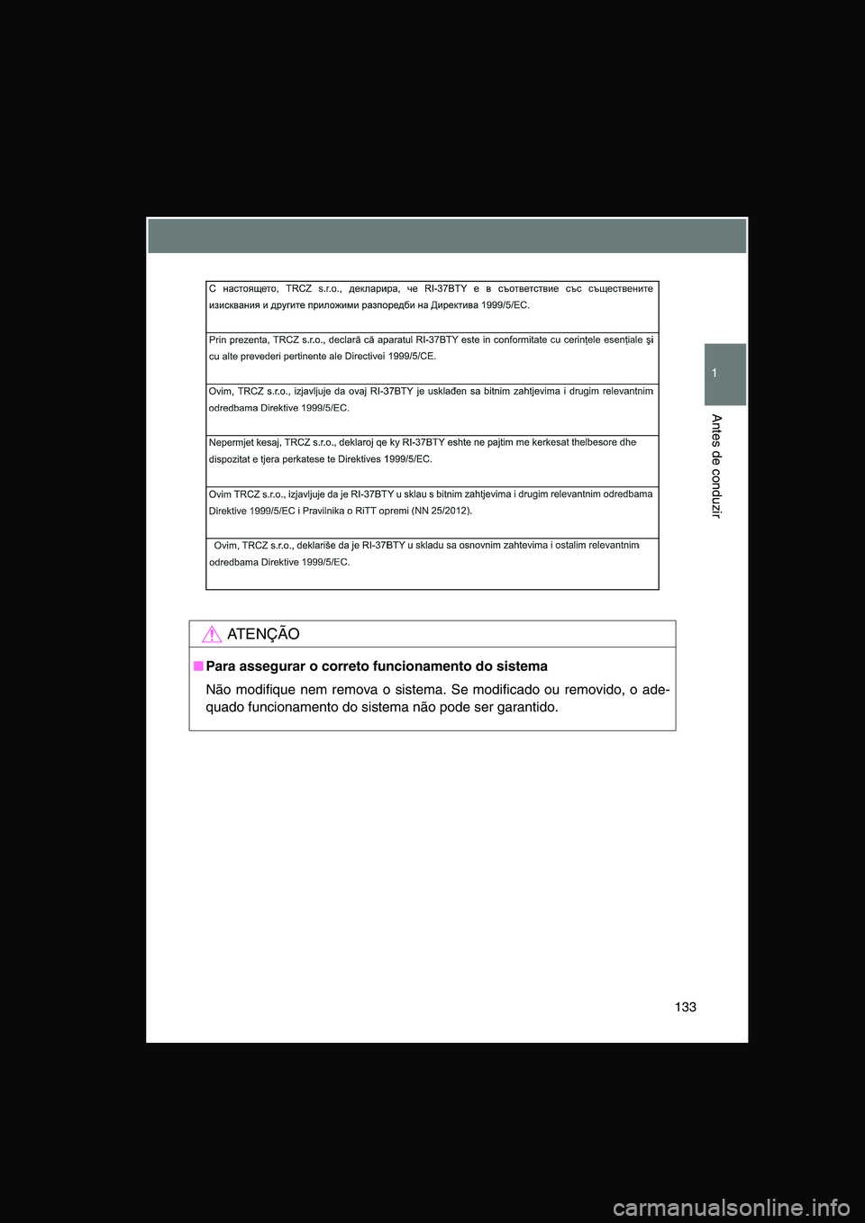 TOYOTA VERSO 2015 Manual de utilização (in Portuguese) 133
1
Antes de conduzir
AT E N Ç Ã O
■Para assegurar o correto funcionamento do sistema
Não modifique nem remova o sistema. Se modificado ou removido, o ade-
quado funcionamento do sistema não p TOYOTA VERSO 2015 Manual de utilização (in Portuguese) 133
1
Antes de conduzir
AT E N Ç Ã O
■Para assegurar o correto funcionamento do sistema
Não modifique nem remova o sistema. Se modificado ou removido, o ade-
quado funcionamento do sistema não p