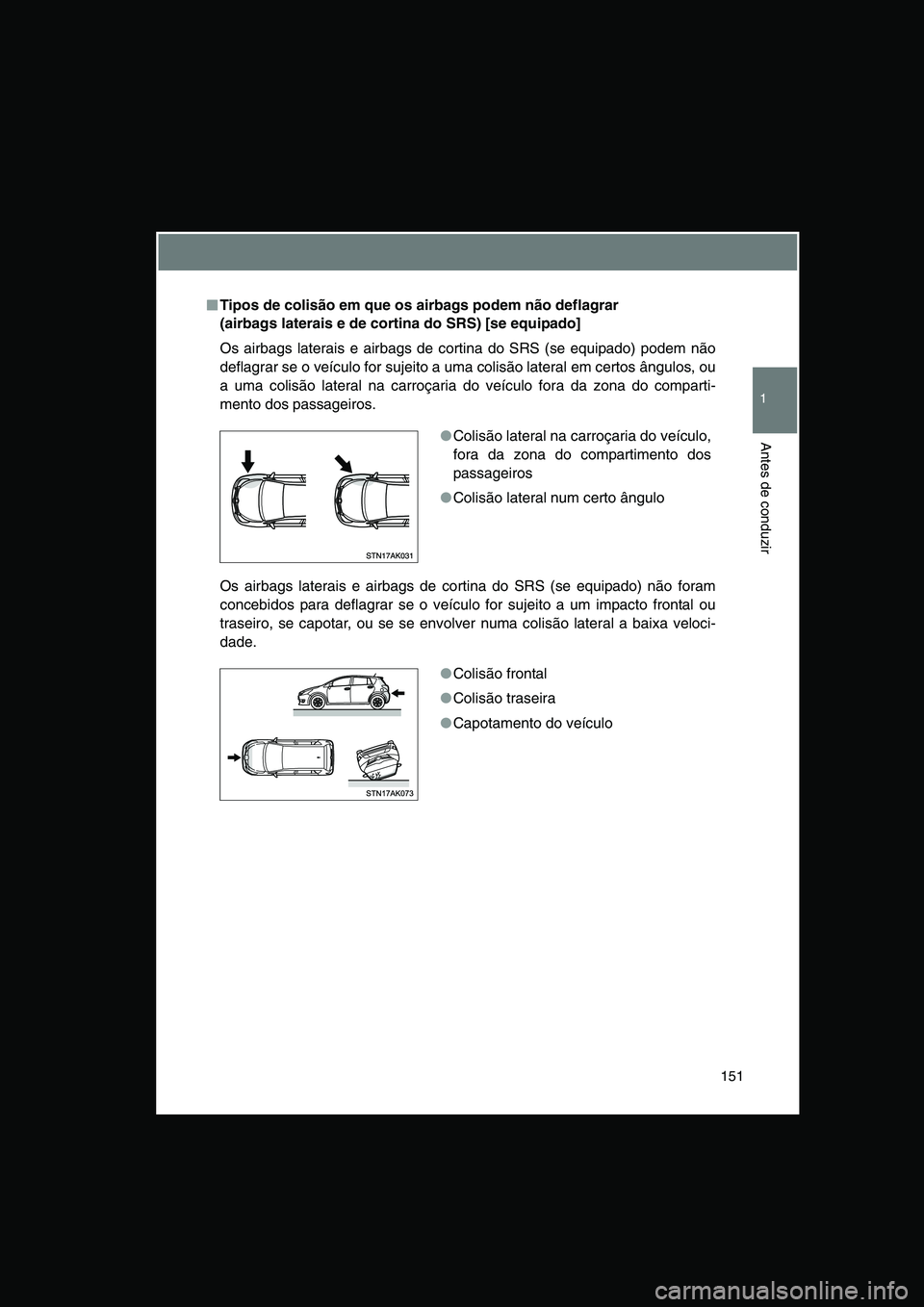 TOYOTA VERSO 2015  Manual de utilização (in Portuguese) 151
1
Antes de conduzir
■■■■Tipos de colisão em que os airbags podem não deflagrar 
(airbags laterais e de cortina do SRS) [se equipado]
Os airbags laterais e airbags de cortina do SRS (se e