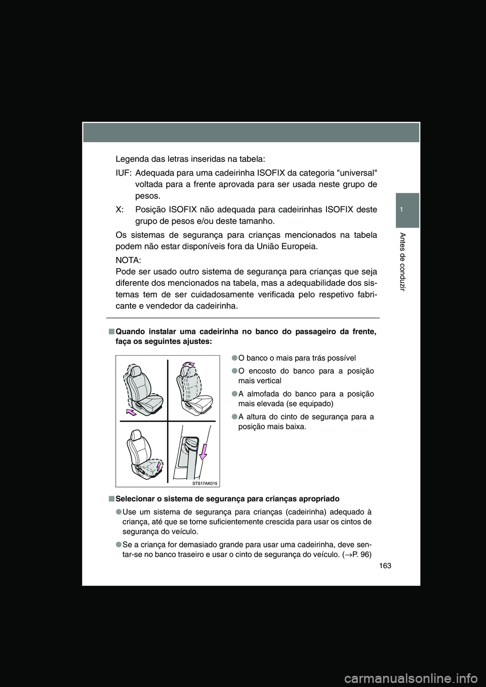 TOYOTA VERSO 2015 Manual de utilização (in Portuguese) 163
1
Antes de conduzir
Legenda das letras inseridas na tabela:
IUF: Adequada para uma cadeirinha ISOFIX da categoria "universal"
voltada para a frente aprovada para ser usada neste grupo de
pesos.
X: TOYOTA VERSO 2015 Manual de utilização (in Portuguese) 163
1
Antes de conduzir
Legenda das letras inseridas na tabela:
IUF: Adequada para uma cadeirinha ISOFIX da categoria "universal"
voltada para a frente aprovada para ser usada neste grupo de
pesos.
X: