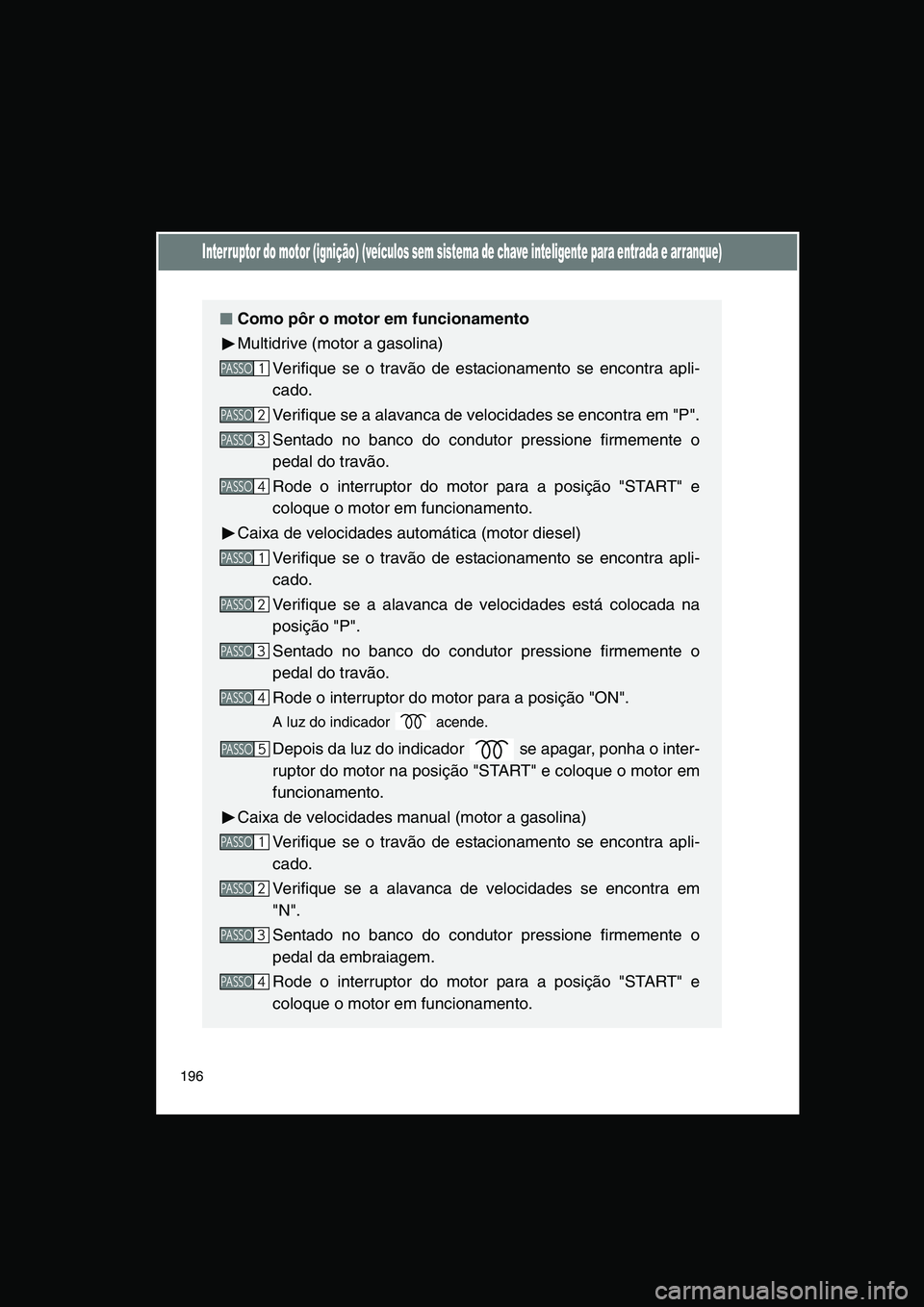 TOYOTA VERSO 2015 Manual de utilização (in Portuguese) 196
Interruptor do motor (ignição) (veículos sem sistema de chave inteligente para entrada e arranque)
■■■■Como pôr o motor em funcionamento
Multidrive (motor a gasolina)
Verifique se o tr TOYOTA VERSO 2015 Manual de utilização (in Portuguese) 196
Interruptor do motor (ignição) (veículos sem sistema de chave inteligente para entrada e arranque)
■■■■Como pôr o motor em funcionamento
Multidrive (motor a gasolina)
Verifique se o tr