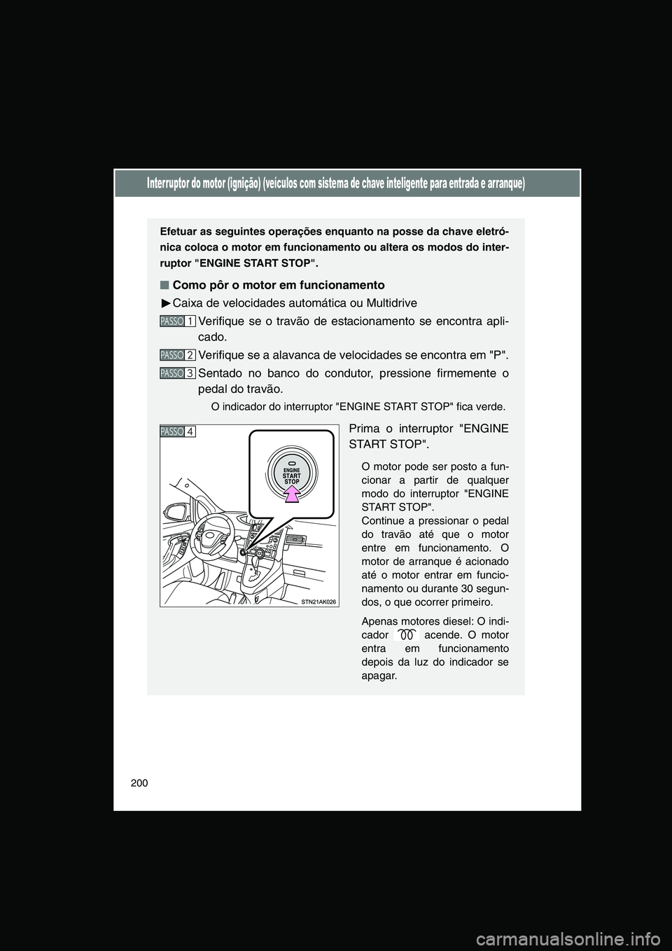 TOYOTA VERSO 2015 Manual de utilização (in Portuguese) 200
Interruptor do motor (ignição) (veículos com sistema de chave inteligente para entrada e arranque)
Efetuar as seguintes operações enquanto na posse da chave eletró-
nica coloca o motor em fu TOYOTA VERSO 2015 Manual de utilização (in Portuguese) 200
Interruptor do motor (ignição) (veículos com sistema de chave inteligente para entrada e arranque)
Efetuar as seguintes operações enquanto na posse da chave eletró-
nica coloca o motor em fu