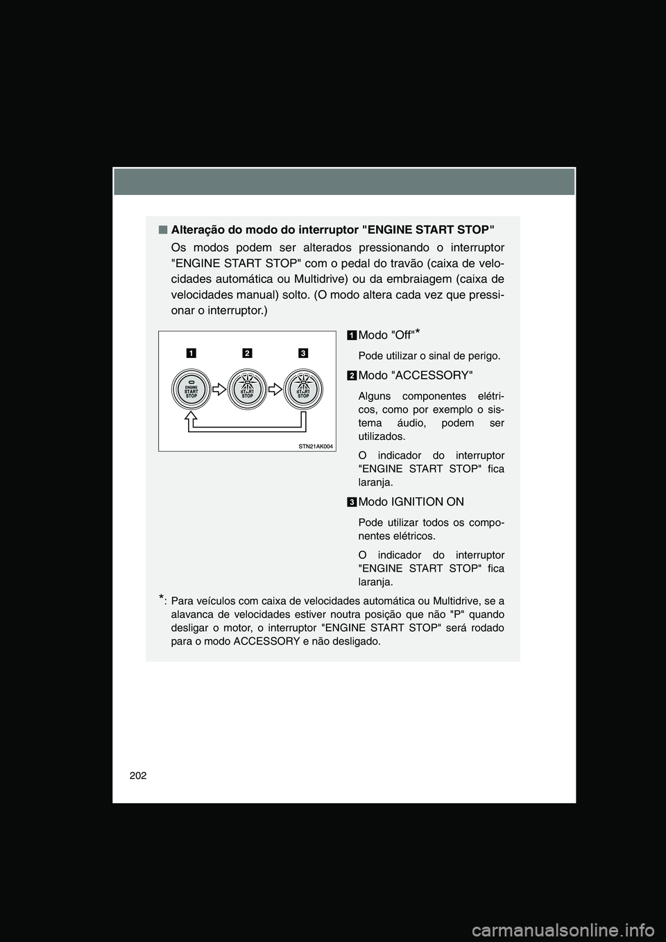 TOYOTA VERSO 2015 Manual de utilização (in Portuguese) 202
■■■■Alteração do modo do interruptor "ENGINE START STOP"
Os modos podem ser alterados pressionando o interruptor
"ENGINE START STOP" com o pedal do travão (caixa de velo-
cidades autom TOYOTA VERSO 2015 Manual de utilização (in Portuguese) 202
■■■■Alteração do modo do interruptor "ENGINE START STOP"
Os modos podem ser alterados pressionando o interruptor
"ENGINE START STOP" com o pedal do travão (caixa de velo-
cidades autom