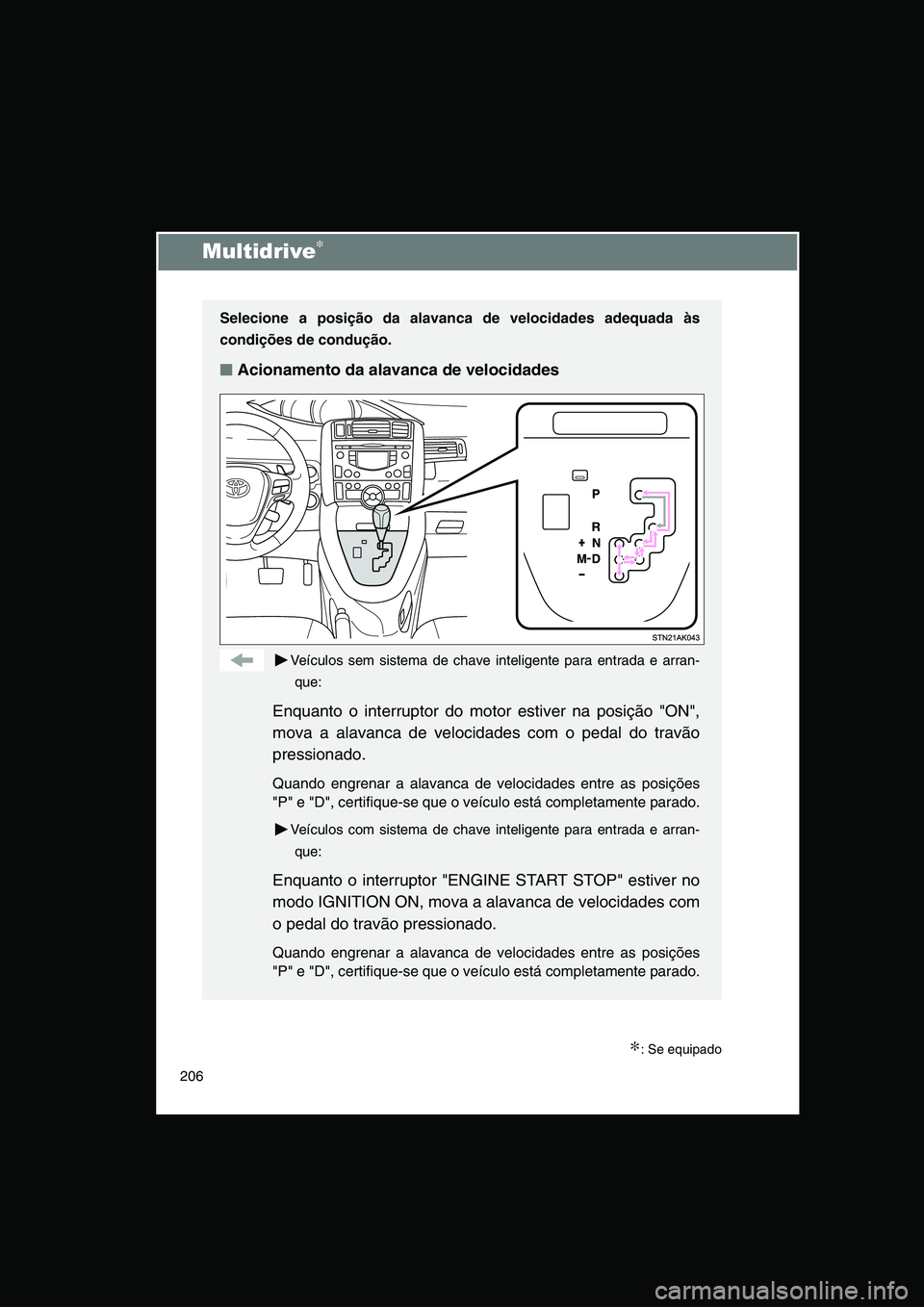TOYOTA VERSO 2015 Manual de utilização (in Portuguese) 206
Multidrive∗
∗: Se equipado
Selecione a posição da alavanca de velocidades adequada às
condições de condução.
■■■■Acionamento da alavanca de velocidades
Veículos sem sistema de TOYOTA VERSO 2015 Manual de utilização (in Portuguese) 206
Multidrive∗
∗: Se equipado
Selecione a posição da alavanca de velocidades adequada às
condições de condução.
■■■■Acionamento da alavanca de velocidades
Veículos sem sistema de