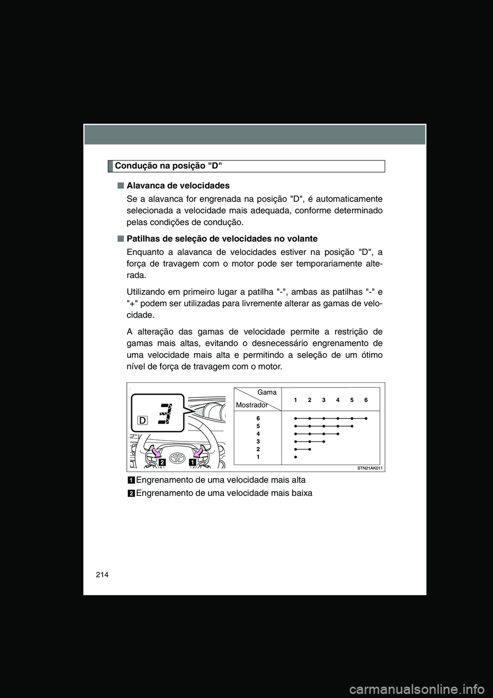 TOYOTA VERSO 2015 Manual de utilização (in Portuguese) 214
Condução na posição "D"
■■■■Alavanca de velocidades
Se a alavanca for engrenada na posição "D", é automaticamente
selecionada a velocidade mais adequada, conforme determinado
pelas TOYOTA VERSO 2015 Manual de utilização (in Portuguese) 214
Condução na posição "D"
■■■■Alavanca de velocidades
Se a alavanca for engrenada na posição "D", é automaticamente
selecionada a velocidade mais adequada, conforme determinado
pelas
