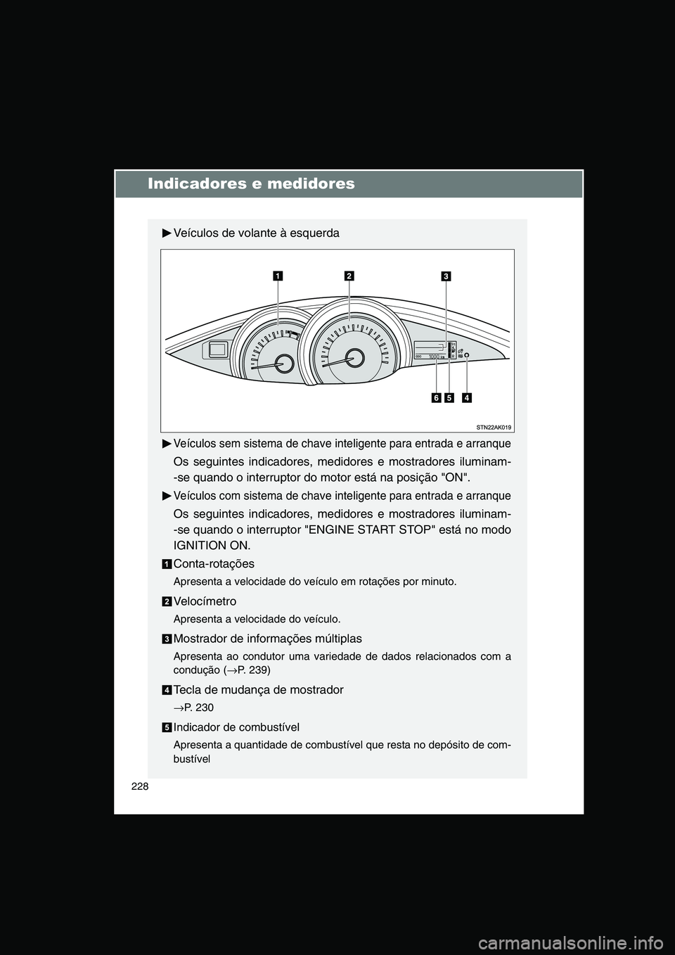 TOYOTA VERSO 2015  Manual de utilização (in Portuguese) 228
Indicadores e medidores
Veículos de volante à esquerda
Veículos sem sistema de chave inteligente para entrada e arranque
Os seguintes indicadores, medidores e mostradores iluminam-
-se quando o