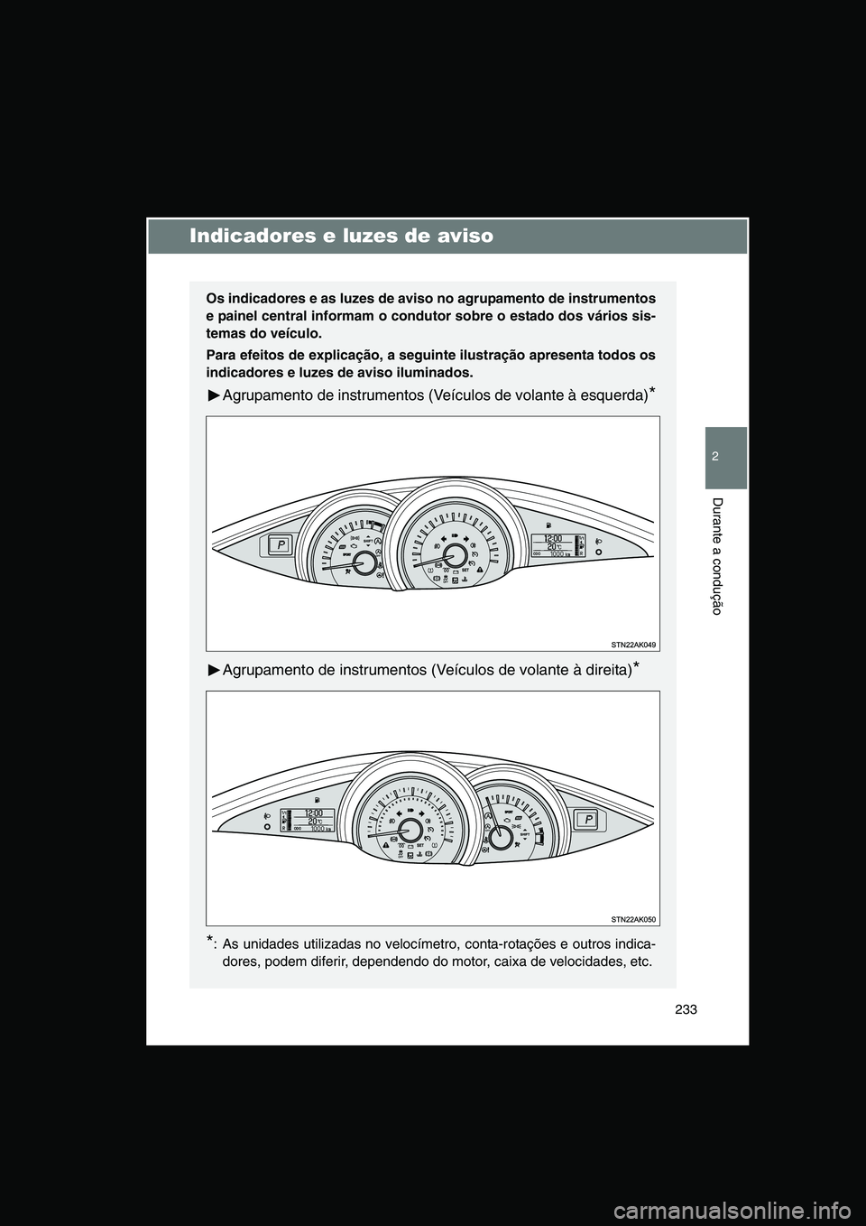 TOYOTA VERSO 2015 Manual de utilização (in Portuguese) 233
2
Durante a condução
Indicadores e luzes de aviso
Os indicadores e as luzes de aviso no agrupamento de instrumentos
e painel central informam o condutor sobre o estado dos vários sis-
temas do TOYOTA VERSO 2015 Manual de utilização (in Portuguese) 233
2
Durante a condução
Indicadores e luzes de aviso
Os indicadores e as luzes de aviso no agrupamento de instrumentos
e painel central informam o condutor sobre o estado dos vários sis-
temas do