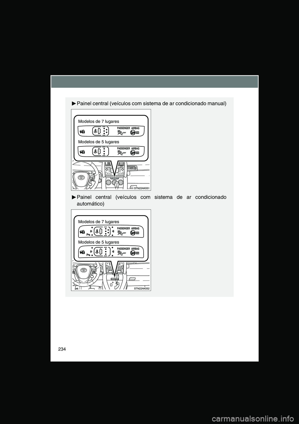 TOYOTA VERSO 2015 Manual de utilização (in Portuguese) 234
Painel central (veículos com sistema de ar condicionado manual)
Painel central (veículos com sistema de ar condicionado
automático)
Modelos de 7 lugares
Modelos de 5 lugares
Modelos de 7 lugare TOYOTA VERSO 2015 Manual de utilização (in Portuguese) 234
Painel central (veículos com sistema de ar condicionado manual)
Painel central (veículos com sistema de ar condicionado
automático)
Modelos de 7 lugares
Modelos de 5 lugares
Modelos de 7 lugare