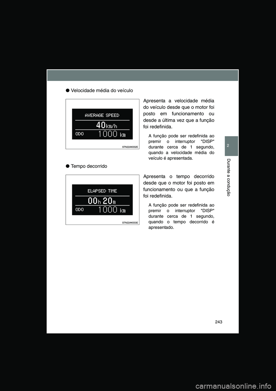 TOYOTA VERSO 2015  Manual de utilização (in Portuguese) 243
2
Durante a condução
●Velocidade média do veículo
Apresenta a velocidade média
do veículo desde que o motor foi
posto em funcionamento ou
desde a última vez que a função
foi redefinida.