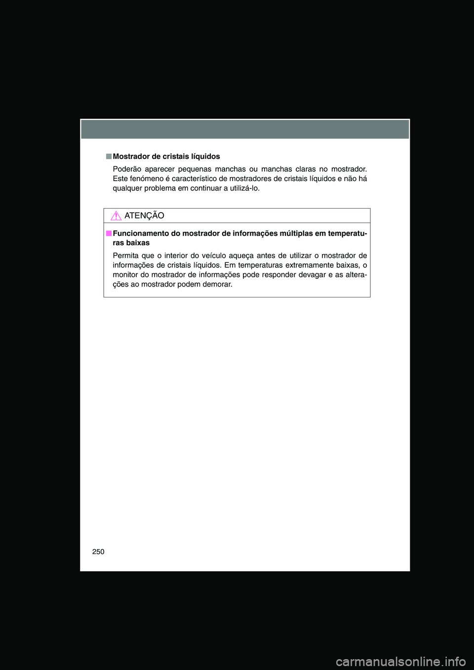 TOYOTA VERSO 2015  Manual de utilização (in Portuguese) 250
■■■■Mostrador de cristais líquidos
Poderão aparecer pequenas manchas ou manchas claras no mostrador.
Este fenómeno é característico de mostradores de cristais líquidos e não há
qua