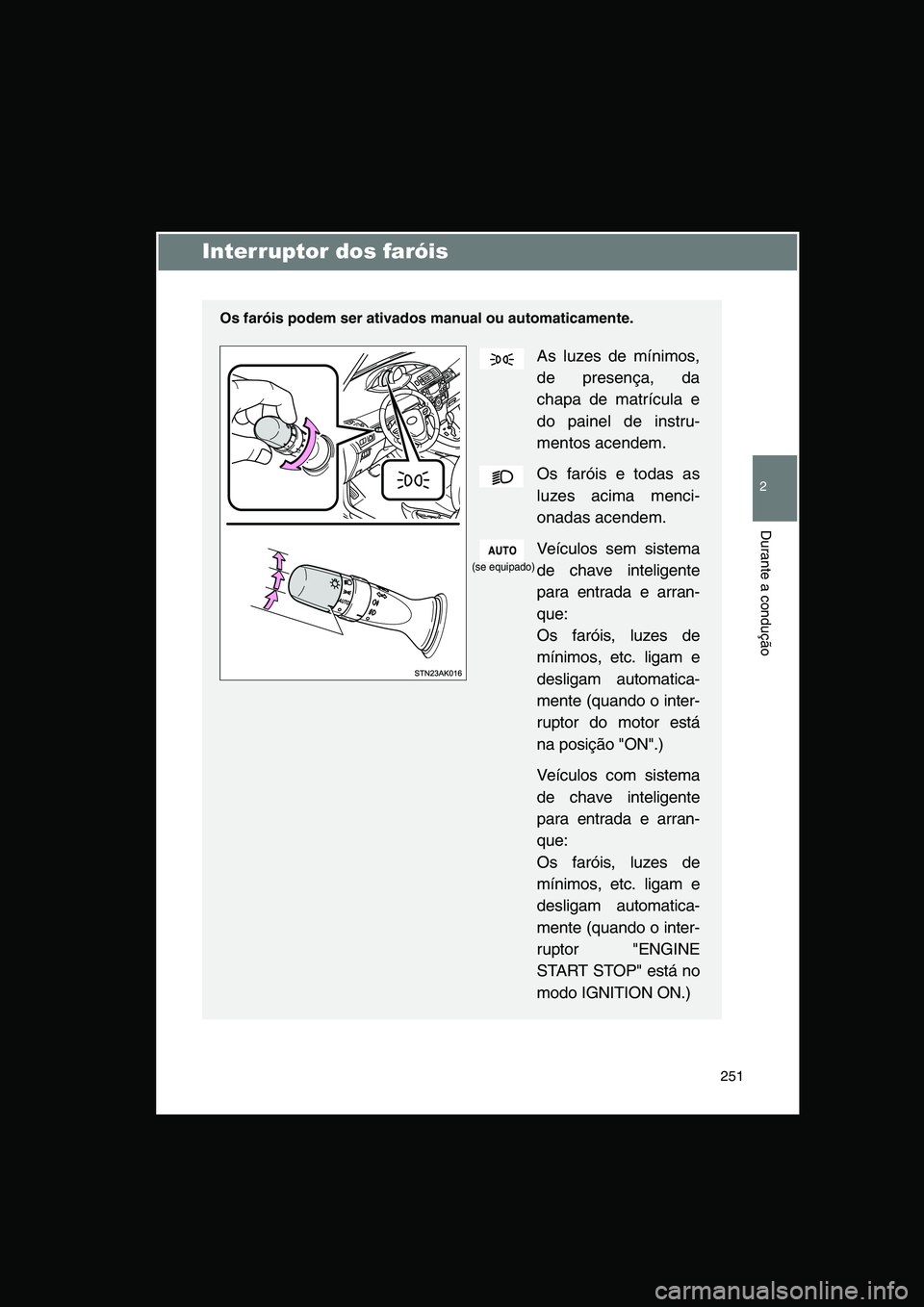 TOYOTA VERSO 2015 Manual de utilização (in Portuguese) 251
2
Durante a condução
Interruptor dos faróis
Os faróis podem ser ativados manual ou automaticamente.
As luzes de mínimos,
de presença, da
chapa de matrícula e
do painel de instru-
mentos ace TOYOTA VERSO 2015 Manual de utilização (in Portuguese) 251
2
Durante a condução
Interruptor dos faróis
Os faróis podem ser ativados manual ou automaticamente.
As luzes de mínimos,
de presença, da
chapa de matrícula e
do painel de instru-
mentos ace
