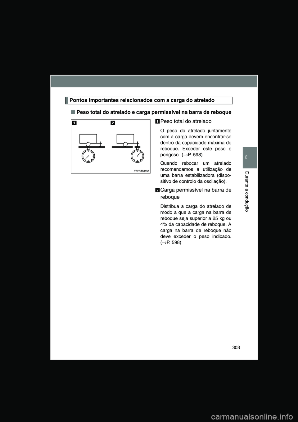 TOYOTA VERSO 2015 Manual de utilização (in Portuguese) 303
2
Durante a condução
Pontos importantes relacionados com a carga do atrelado
■■■■Peso total do atrelado e carga permissível na barra de reboque
Peso total do atrelado
O peso do atrelado TOYOTA VERSO 2015 Manual de utilização (in Portuguese) 303
2
Durante a condução
Pontos importantes relacionados com a carga do atrelado
■■■■Peso total do atrelado e carga permissível na barra de reboque
Peso total do atrelado
O peso do atrelado