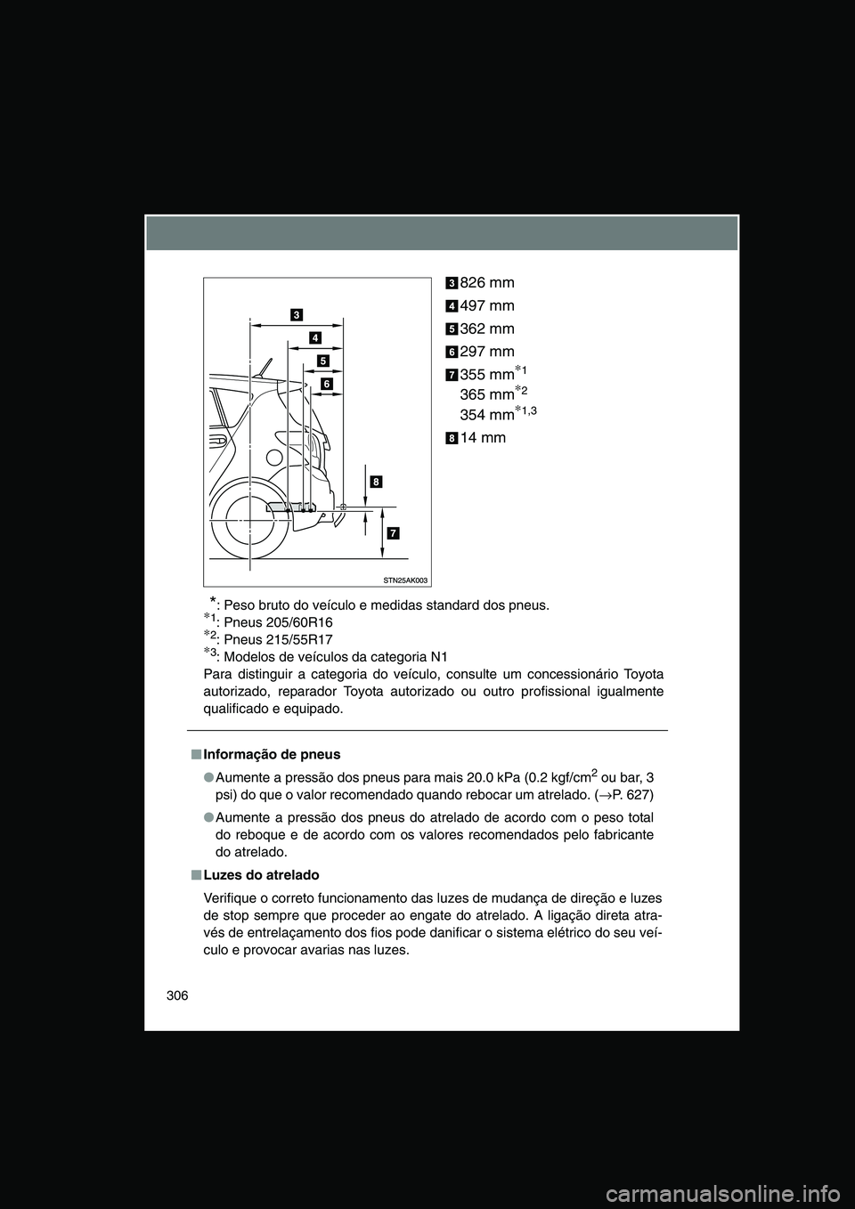 TOYOTA VERSO 2015 Manual de utilização (in Portuguese) 306
826 mm
497 mm
362 mm
297 mm
355 mm∗1
365 mm∗2
354 mm∗1,3
14 mm
*: Peso bruto do veículo e medidas standard dos pneus.∗1: Pneus 205/60R16∗2: Pneus 215/55R17∗3: Modelos de veículo TOYOTA VERSO 2015 Manual de utilização (in Portuguese) 306
826 mm
497 mm
362 mm
297 mm
355 mm∗1
365 mm∗2
354 mm∗1,3
14 mm
*: Peso bruto do veículo e medidas standard dos pneus.∗1: Pneus 205/60R16∗2: Pneus 215/55R17∗3: Modelos de veículo