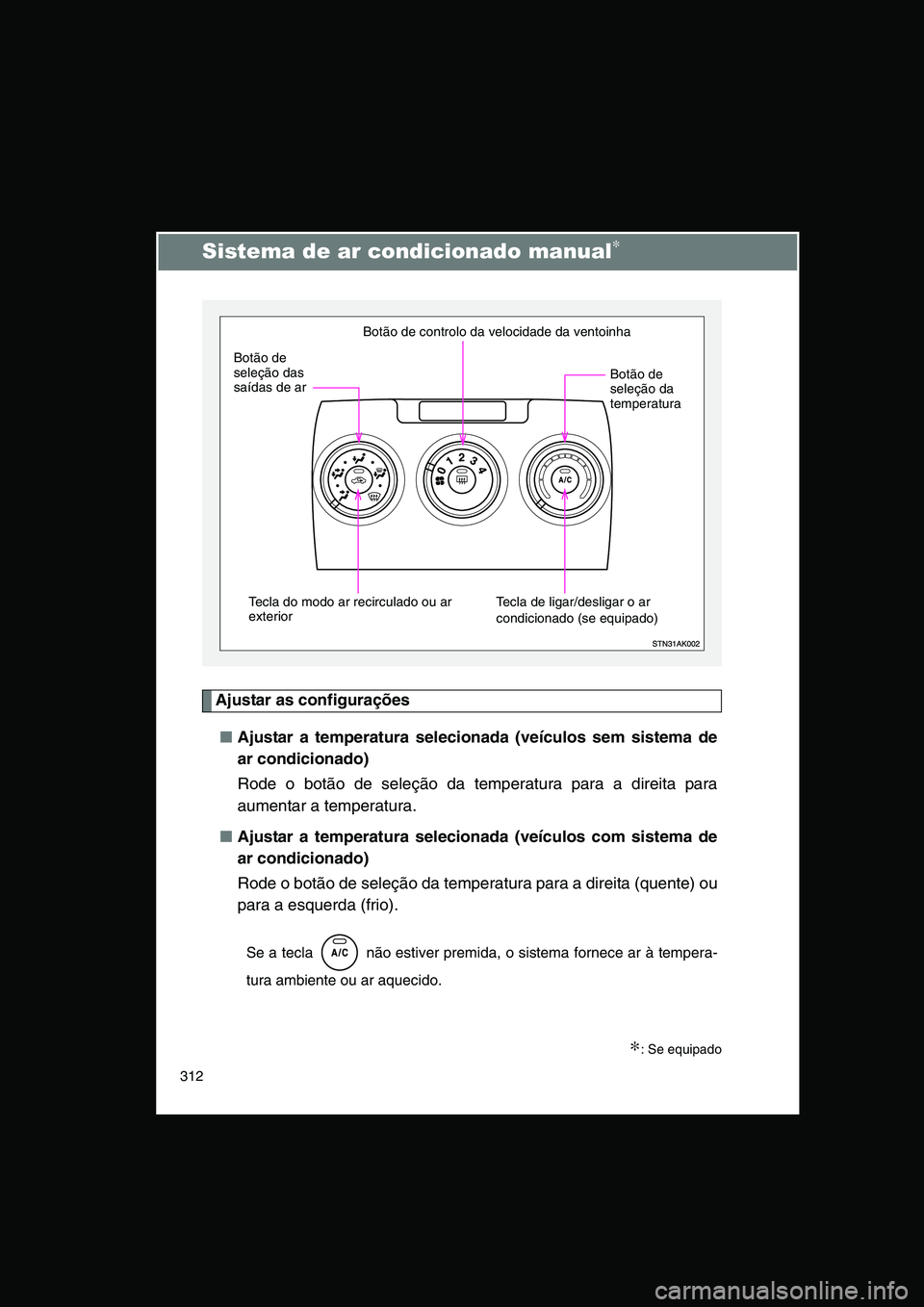 TOYOTA VERSO 2015 Manual de utilização (in Portuguese) 312
Sistema de ar condicionado manual∗
Ajustar as configurações
■Ajustar a temperatura selecionada (veículos sem sistema de
ar condicionado)
Rode o botão de seleção da temperatura para a dir TOYOTA VERSO 2015 Manual de utilização (in Portuguese) 312
Sistema de ar condicionado manual∗
Ajustar as configurações
■Ajustar a temperatura selecionada (veículos sem sistema de
ar condicionado)
Rode o botão de seleção da temperatura para a dir