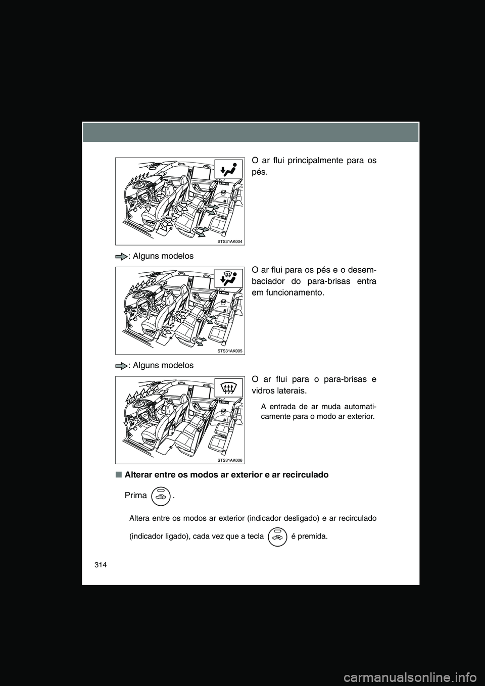 TOYOTA VERSO 2015 Manual de utilização (in Portuguese) 314
O ar flui principalmente para os
pés.
: Alguns modelos
O ar flui para os pés e o desem-
baciador do para-brisas entra
em funcionamento.
: Alguns modelos
O ar flui para o para-brisas e
vidros lat TOYOTA VERSO 2015 Manual de utilização (in Portuguese) 314
O ar flui principalmente para os
pés.
: Alguns modelos
O ar flui para os pés e o desem-
baciador do para-brisas entra
em funcionamento.
: Alguns modelos
O ar flui para o para-brisas e
vidros lat
