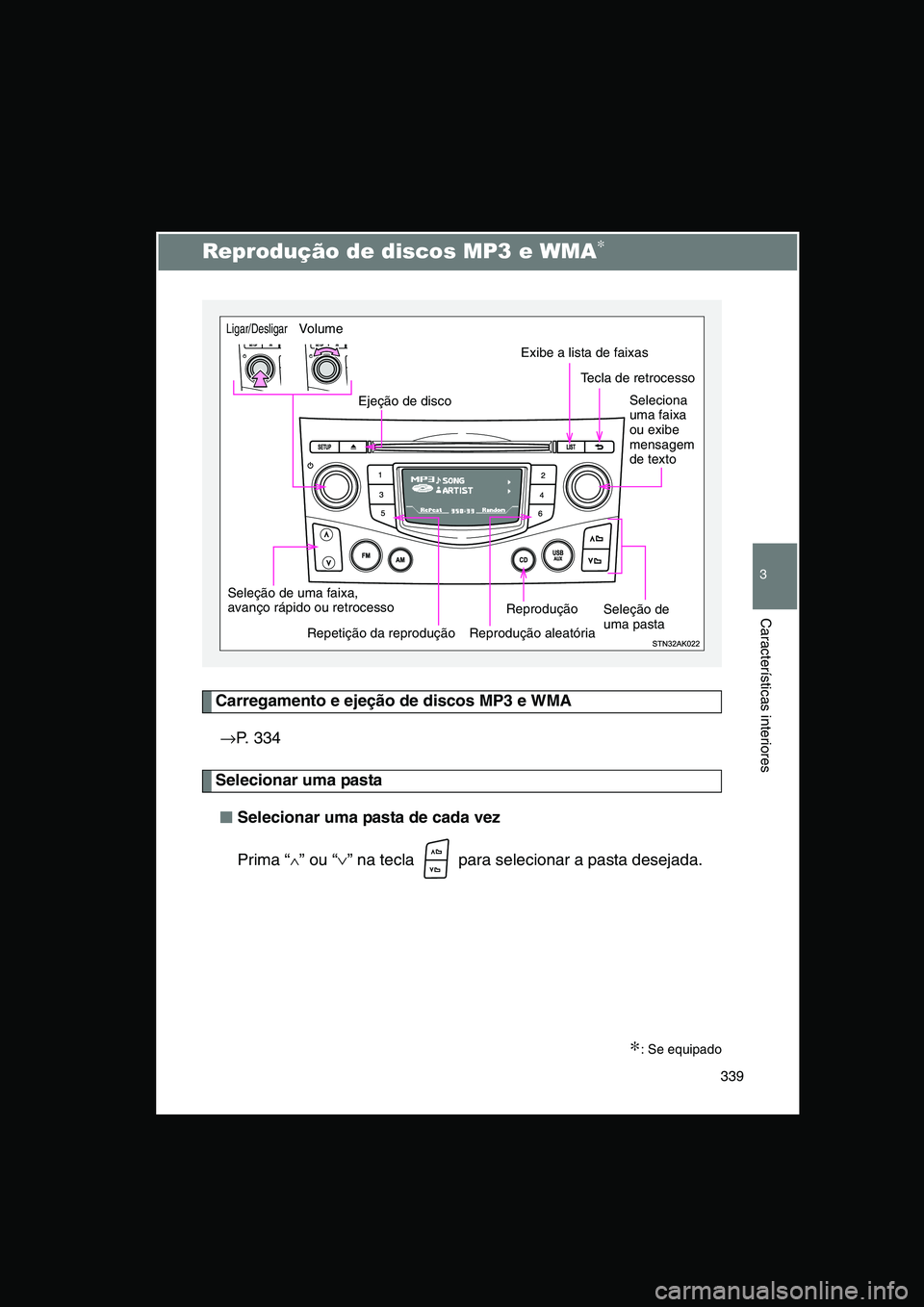 TOYOTA VERSO 2015 Manual de utilização (in Portuguese) 339
3
Características interiores
Reprodução de discos MP3 e WMA∗
Carregamento e ejeção de discos MP3 e WMA
→P. 334
Selecionar uma pasta
■■■■Selecionar uma pasta de cada vez
Prima “ TOYOTA VERSO 2015 Manual de utilização (in Portuguese) 339
3
Características interiores
Reprodução de discos MP3 e WMA∗
Carregamento e ejeção de discos MP3 e WMA
→P. 334
Selecionar uma pasta
■■■■Selecionar uma pasta de cada vez
Prima “