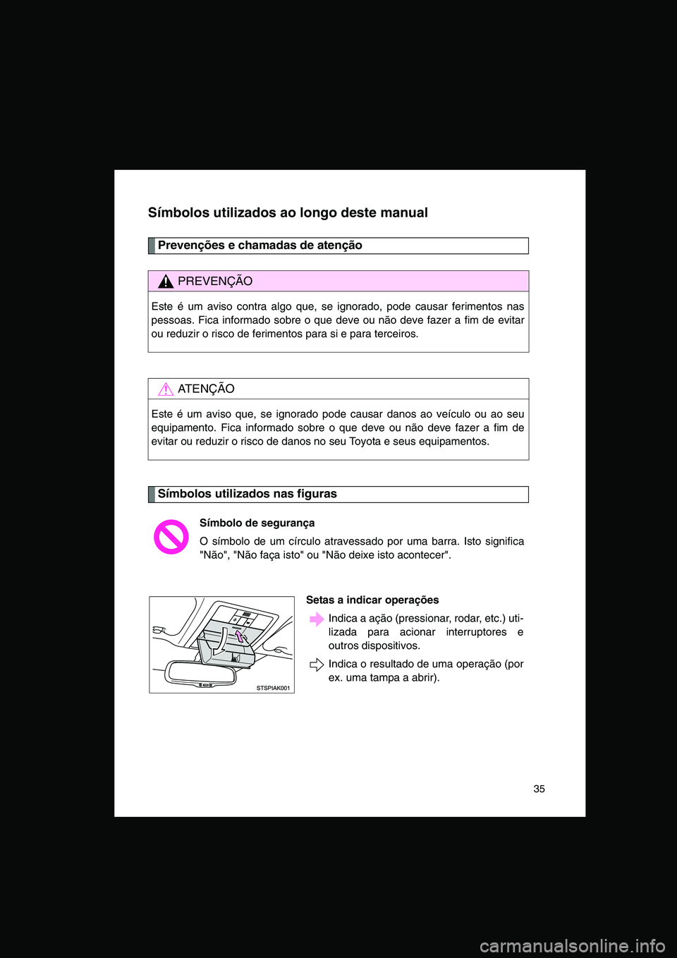 TOYOTA VERSO 2015 Manual de utilização (in Portuguese) 35
Símbolos utilizados ao longo deste manual
Prevenções e chamadas de atenção
Símbolos utilizados nas figuras
PREVENÇÃO
Este é um aviso contra algo que, se ignorado, pode causar ferimentos n TOYOTA VERSO 2015 Manual de utilização (in Portuguese) 35
Símbolos utilizados ao longo deste manual
Prevenções e chamadas de atenção
Símbolos utilizados nas figuras
PREVENÇÃO
Este é um aviso contra algo que, se ignorado, pode causar ferimentos n