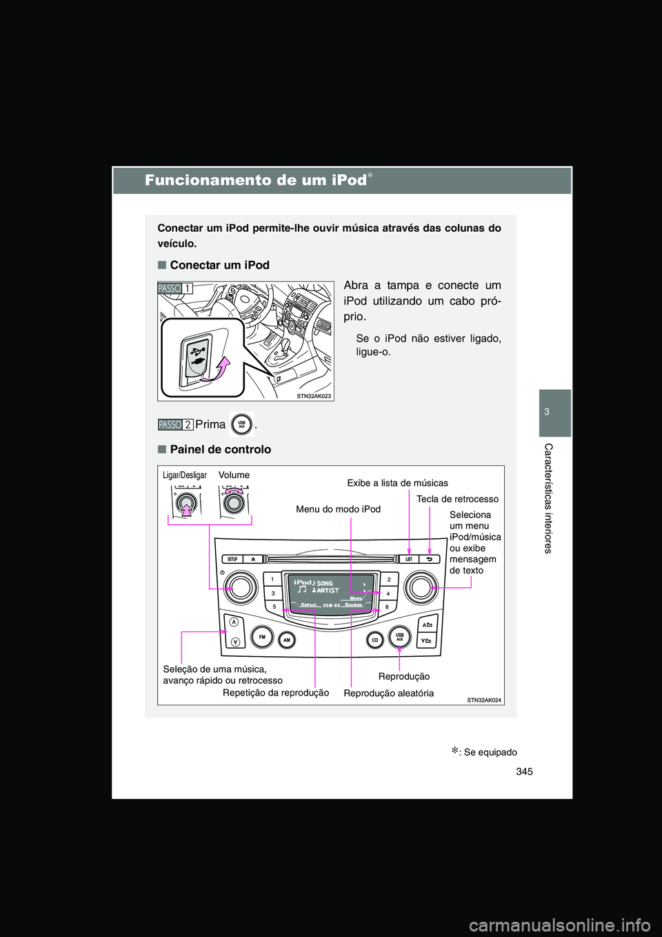 TOYOTA VERSO 2015 Manual de utilização (in Portuguese) 345
3
Características interiores
Funcionamento de um iPod∗
∗: Se equipado
Conectar um iPod permite-lhe ouvir música através das colunas do
veículo.
■Conectar um iPod
Abra a tampa e conecte u TOYOTA VERSO 2015 Manual de utilização (in Portuguese) 345
3
Características interiores
Funcionamento de um iPod∗
∗: Se equipado
Conectar um iPod permite-lhe ouvir música através das colunas do
veículo.
■Conectar um iPod
Abra a tampa e conecte u