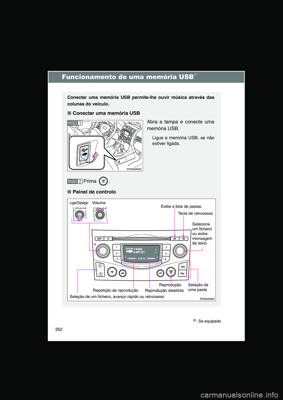 TOYOTA VERSO 2015 Manual de utilização (in Portuguese) 352
Funcionamento de uma memória USB∗
∗: Se equipado
Conectar uma memória USB permite-lhe ouvir música através das
colunas do veículo.
■Conectar uma memória USB
Abra a tampa e conecte uma
TOYOTA VERSO 2015 Manual de utilização (in Portuguese) 352
Funcionamento de uma memória USB∗
∗: Se equipado
Conectar uma memória USB permite-lhe ouvir música através das
colunas do veículo.
■Conectar uma memória USB
Abra a tampa e conecte uma