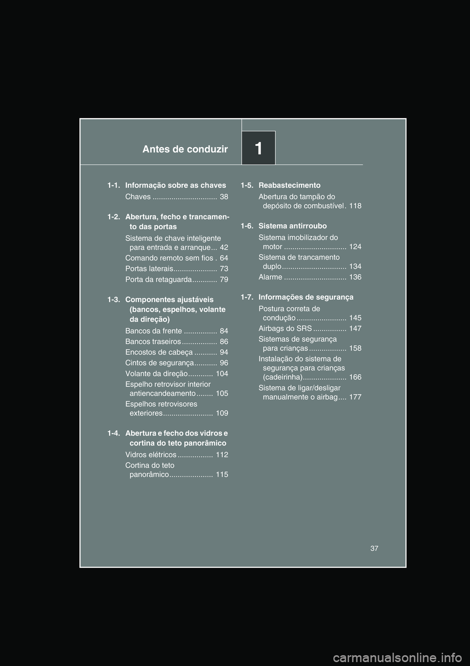 TOYOTA VERSO 2015 Manual de utilização (in Portuguese) 1Antes de conduzir
37
1-1. Informação sobre as chaves
Chaves ............................... 38
1-2. Abertura, fecho e trancamen-
to das portas
Sistema de chave inteligente
para entrada e arranque TOYOTA VERSO 2015 Manual de utilização (in Portuguese) 1Antes de conduzir
37
1-1. Informação sobre as chaves
Chaves ............................... 38
1-2. Abertura, fecho e trancamen-
to das portas
Sistema de chave inteligente
para entrada e arranque