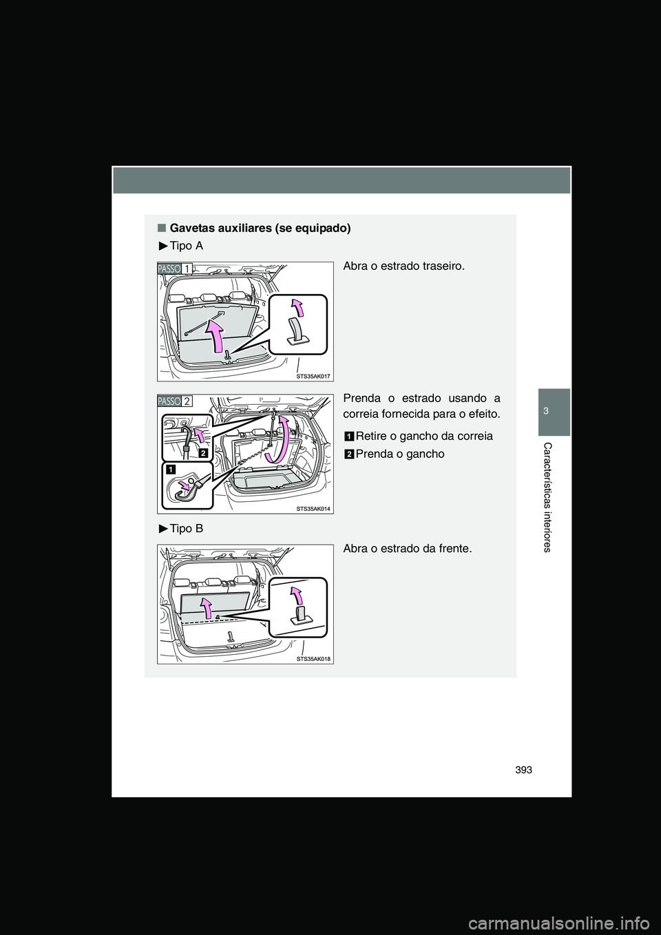 TOYOTA VERSO 2015  Manual de utilização (in Portuguese) 393
3
Características interiores
■Gavetas auxiliares (se equipado)
Tipo A
Abra o estrado traseiro.
Prenda o estrado usando a
correia fornecida para o efeito.
Retire o gancho da correia
Prenda o gan