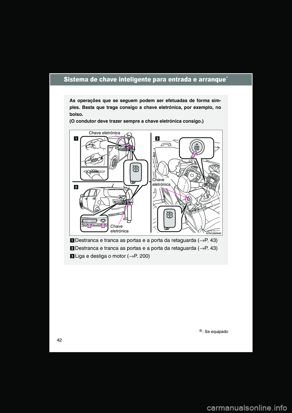 TOYOTA VERSO 2015 Manual de utilização (in Portuguese) 42
Sistema de chave inteligente para entrada e arranque∗
∗: Se equipado
As operações que se seguem podem ser efetuadas de forma sim-
ples. Basta que traga consigo a chave eletrónica, por exempl TOYOTA VERSO 2015 Manual de utilização (in Portuguese) 42
Sistema de chave inteligente para entrada e arranque∗
∗: Se equipado
As operações que se seguem podem ser efetuadas de forma sim-
ples. Basta que traga consigo a chave eletrónica, por exempl